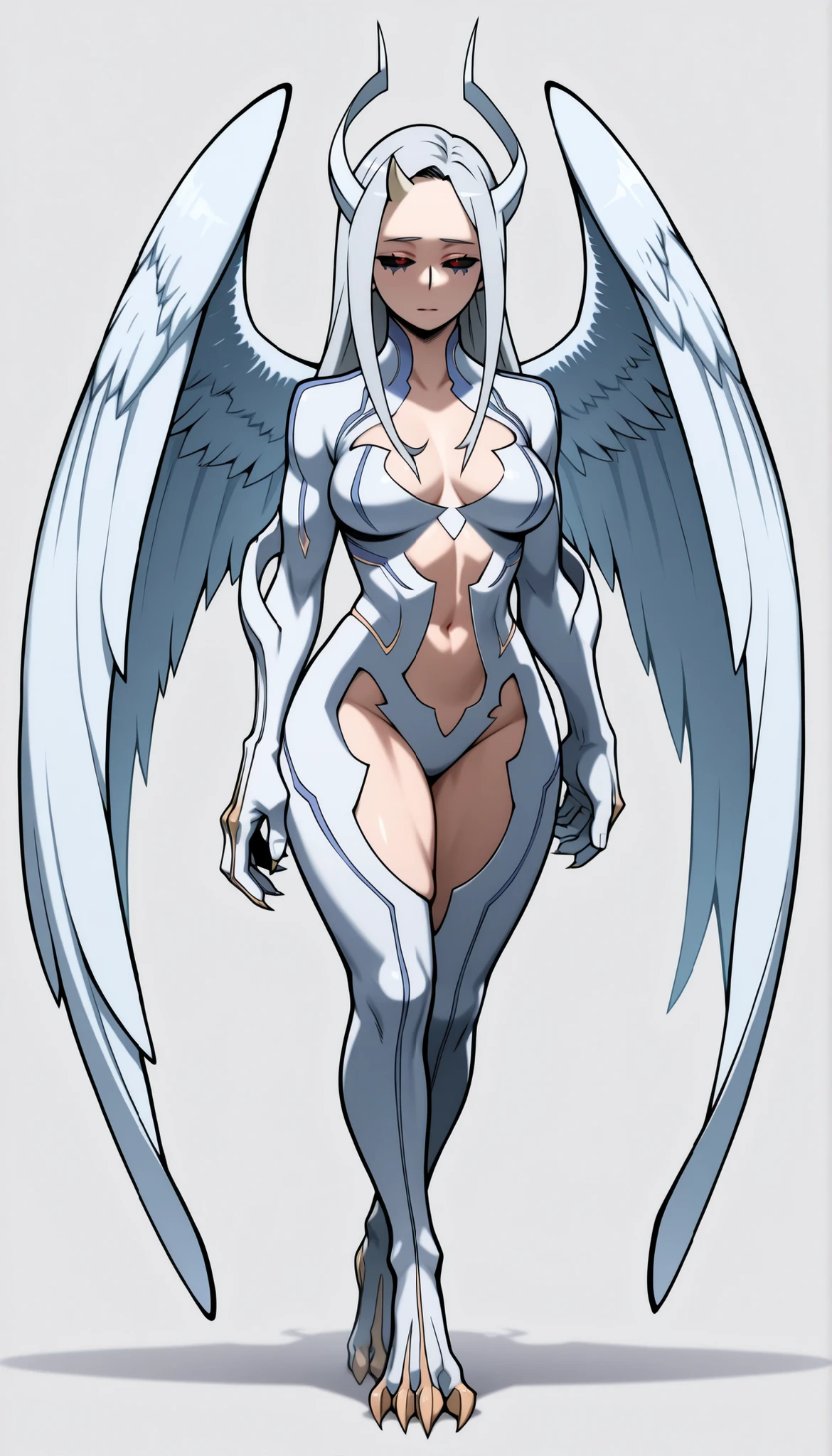 ((Highest Quality)), ((Simple light grey background)), (((My Hero Academia Style))), (by day), 1female, female, mature women, flat breast, thighs, hips, thick shins, solo, Athletic body, standing, (Full Body), eri, long hair, red eyes, grey hair, horns, single horn, big horn, black sclera, Eri, blue and white claw bikini top, white C-String strapless highleg bottom, white bikini armorsuit, Dragon bikini armorsuit, white armored legs, blue and white armored Arms, blue and white armored footwear, blue and white armored gloves, Dragon white armored legs, Dragon white armored Arms, Dragon white armored footwear, Dragon white armored gloves, blue and white Dragon claws, claws on hands, claws on feet, claws on Hands and feet, long white armored Dragon wings, Long armored blue sky and white wings, ((white with eight energetic blue "feathers" on each wings)), Blue jewelry details, white armored bikini suit with blue jewelry details, Dragon armored bikini suit with blue jewelry details, midriff, thigh-high, sad look, empty gaze, half-closed eyes, rage, strapless bra top, breast apart, skindentation, cleavage cutout, (Claw bikini top), (Claw bikini Bottom), ((Nora - Witchblade)), slut Clothes, ((toned body)), ((Thick body)),