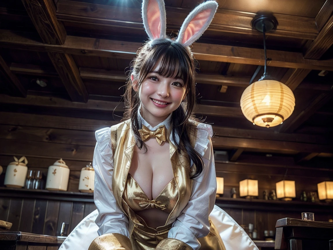 (((SFW))), (1.girl with, Solo), Cute and  girls, Pink hair, Best Quality, (8K, Raw photo, Best Quality, masutepiece:1.2), (Realistic, Photorealsitic:1.37), Ultra-detailed, 超A high resolution, detailed  clothes, Skin Texture, Cinematic lighting, Professional Lighting,(((accurate armano、Finger depiction、Exact number))), ((free angle pose)),  that are about to burst, Deep cleavage, (Reddish blush, moist and sweaty skin), ((High-leg  girl costume with gold decorations on a shiny black background)), Black fishnet tights, Red high heels,Bunny Girl, With  ears,  suit, ultrarealistic sweet  girl, Leather  Costume, With  rabbit ears, with long floppy rabbit ears, , in  suits, With Ernie the big ,  ears, rabbit tail  ornament:1.1, detailedbackground, Luxury Bars, Counter seats, a chair, Affectionate smile, Dynamic Posing, ((facing the front there) Exposed 