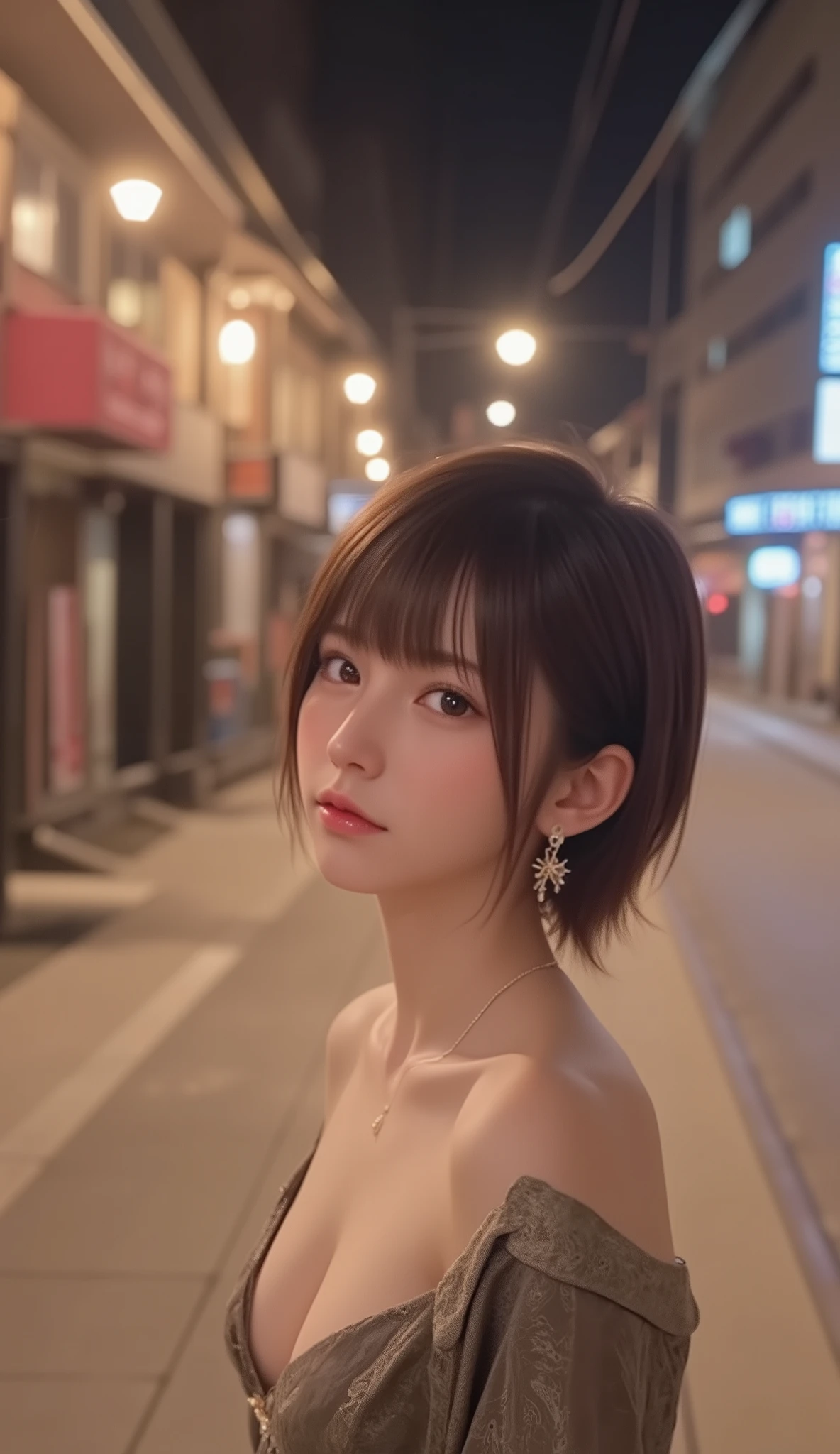 A short-haired Japanese woman walking through a quiet city street late at night, side shot, side view, side profile, on her way home, wearing an elegant dress with earrings and a necklace, soft warm street lighting, cinematic atmosphere, photorealistic, realistic lighting and reflections, calm and introspective mood, sense of late-night solitude and elegance.