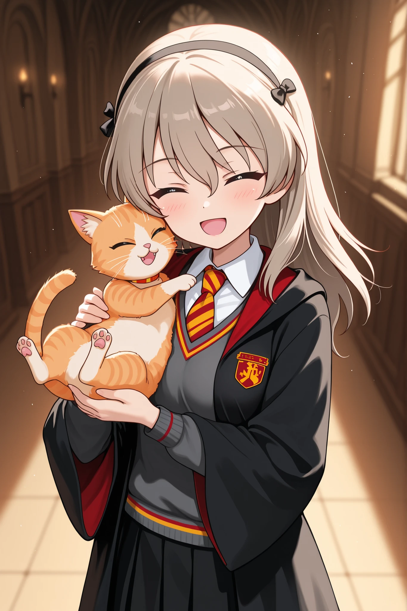masterpiece, character, Girls Und Panzer, arisu shimada \(girls und panzer\),  hogwarts uniform, gryffindor, black robe, necktie, striped necktie, collared shirt, sweater, pleated skirt, grey sweater, happy, holding orange cat plushie, Hogwarts great hall