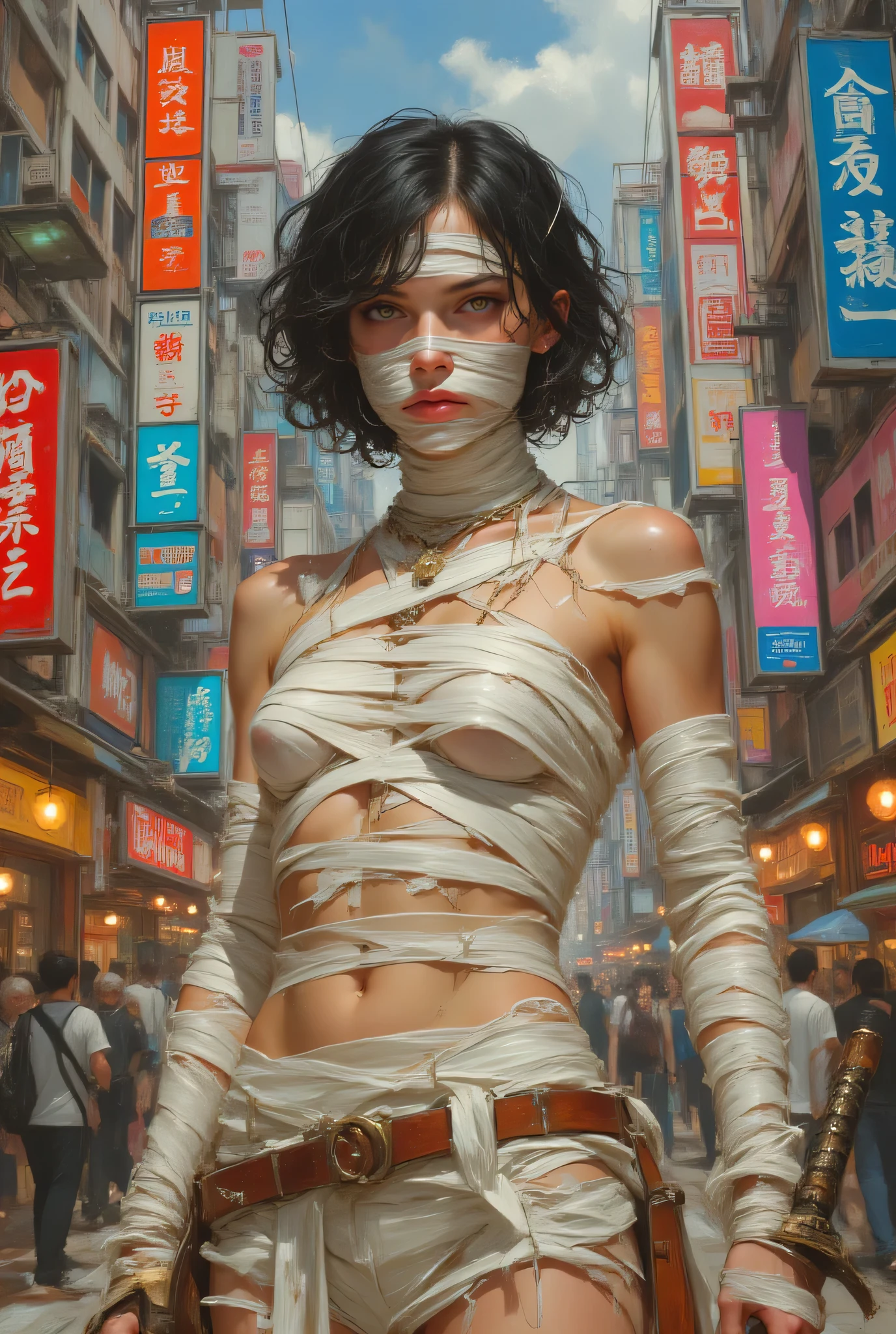 A Japanese high school girl with bandages wrapped round and round on her face and body holds a Japanese sword、In the middle of an urban city、Glaring、