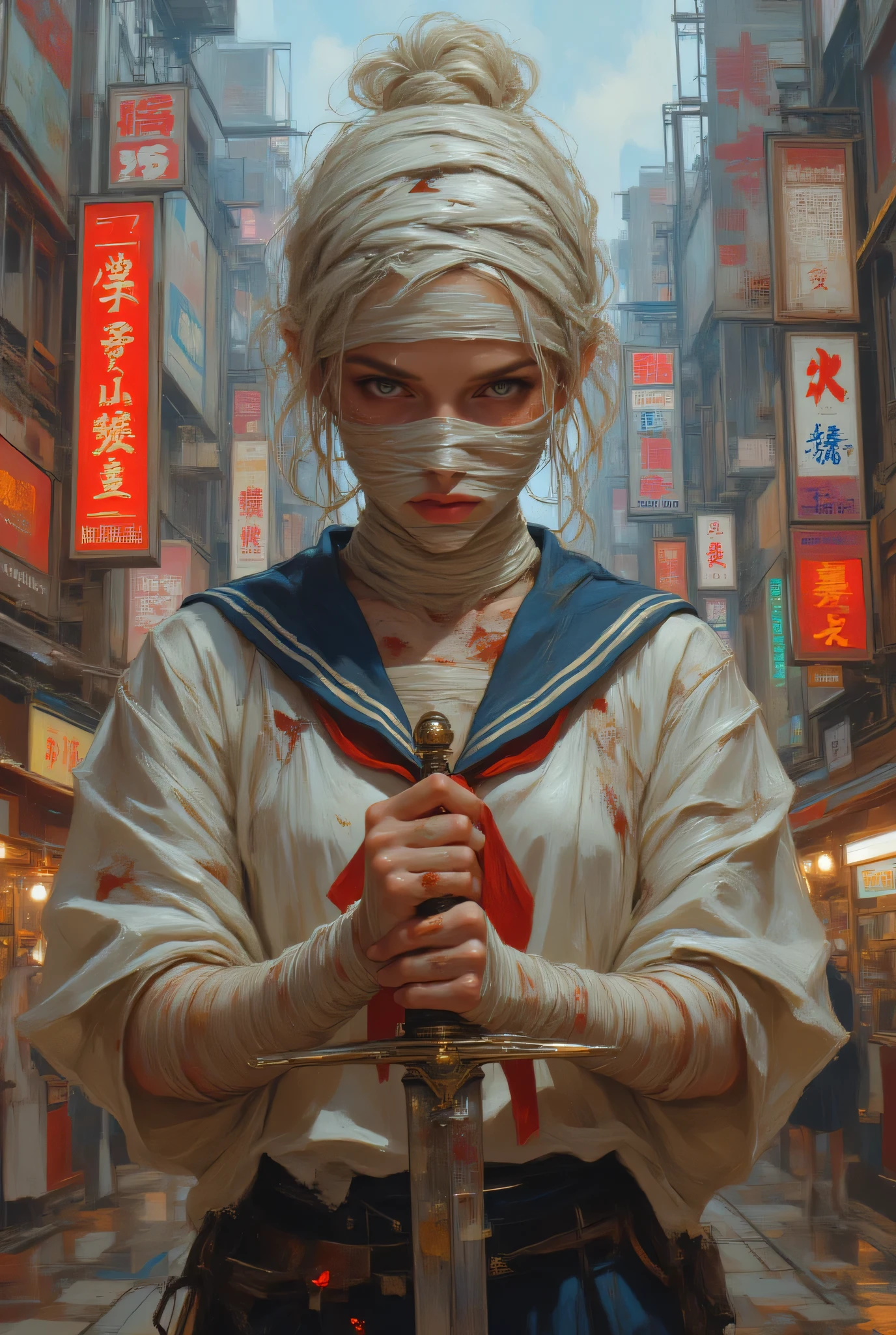 A Japanese high school girl with bandages wrapped round and round on her face and body is standing with a Japanese sword、In the middle of an urban city、Glaring、sailor suit next to the eye
