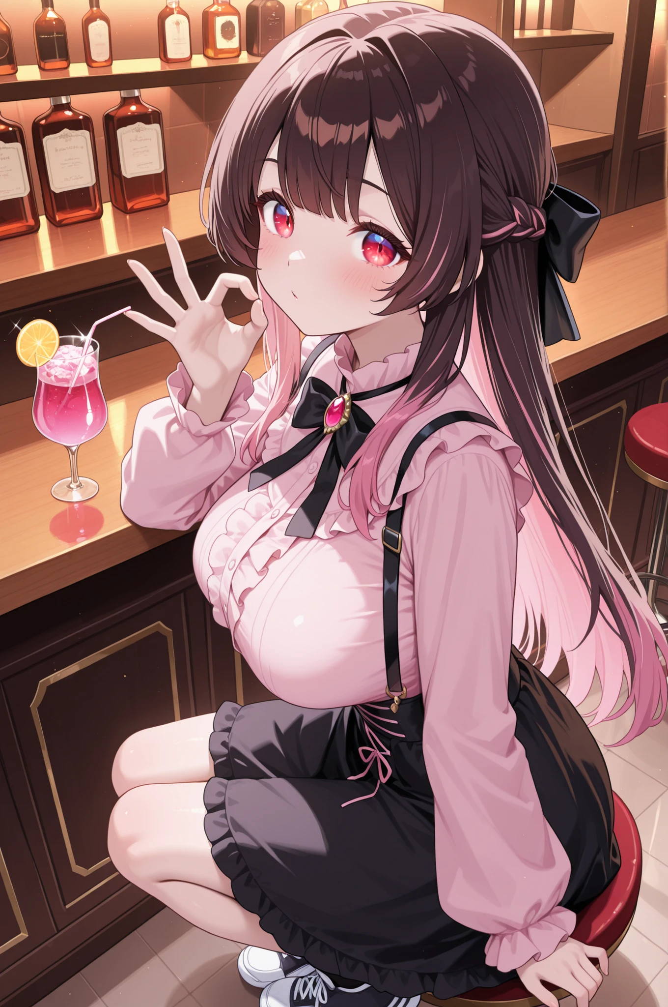 masterpiece, Highest Quality, complicated details, high resolution, solo, girl,
Little girl, young, large breast,
dark brown hair, Pink hair tips, straight hair, long hair,
Deep red eyes, tareme, narrow eyes,
jiraikei, minefield fashion, pink and black clothes, skirt, Thick Soled Sneakers,
bar counter tilting a cocktail glass, drinking cocktails, and take it from the side, Viewer's View, OK sign,
french braid, hair bow, black bowtie, brooch, frilled shirt, pink shirt, long sleeves, black skirt, suspender skirt,
detailed eyes,anime eyes,high detail eyes,multicolored iris,detailed iris,