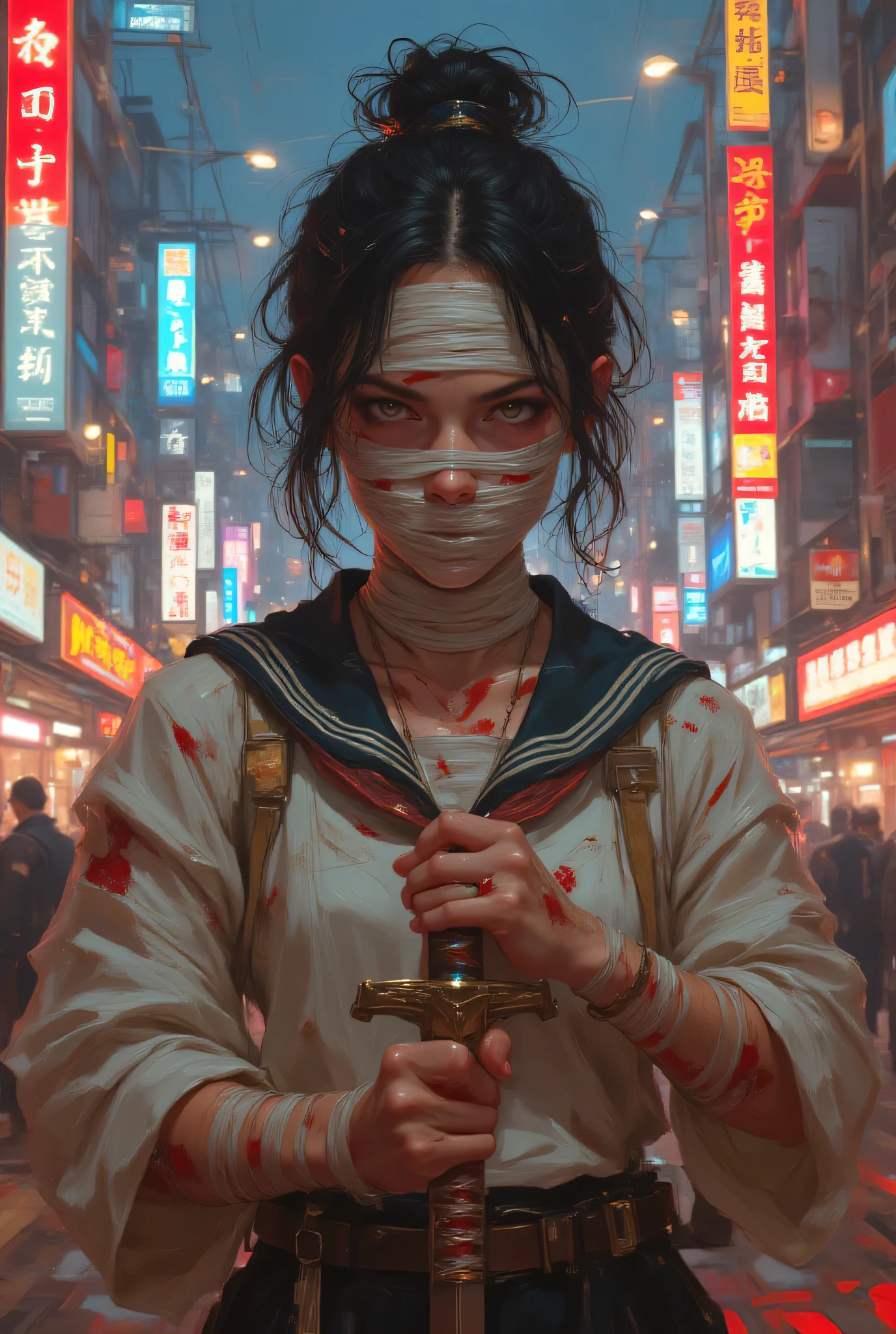 A Japanese high school girl with bandages wrapped round and round on her face and body is standing with a Japanese sword、In the middle of an urban city、Glaring、sailor suit next to the eye