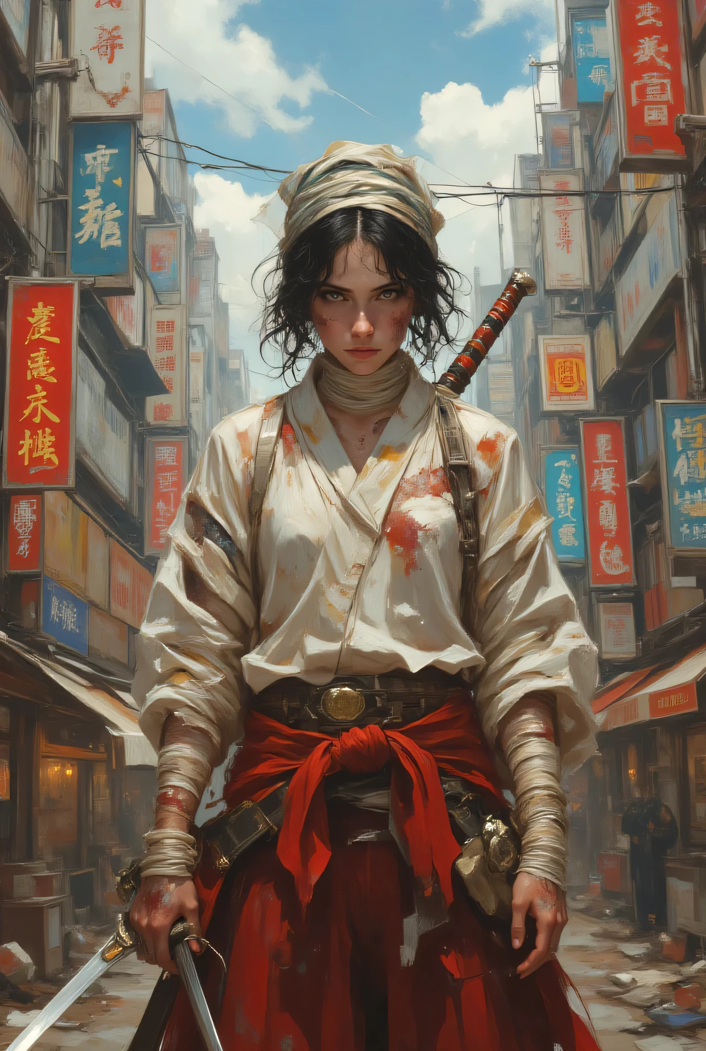 A Japanese high school girl with bandages wrapped round and round on her face and body is standing with a Japanese sword、In the middle of an urban city、Glaring、uniform