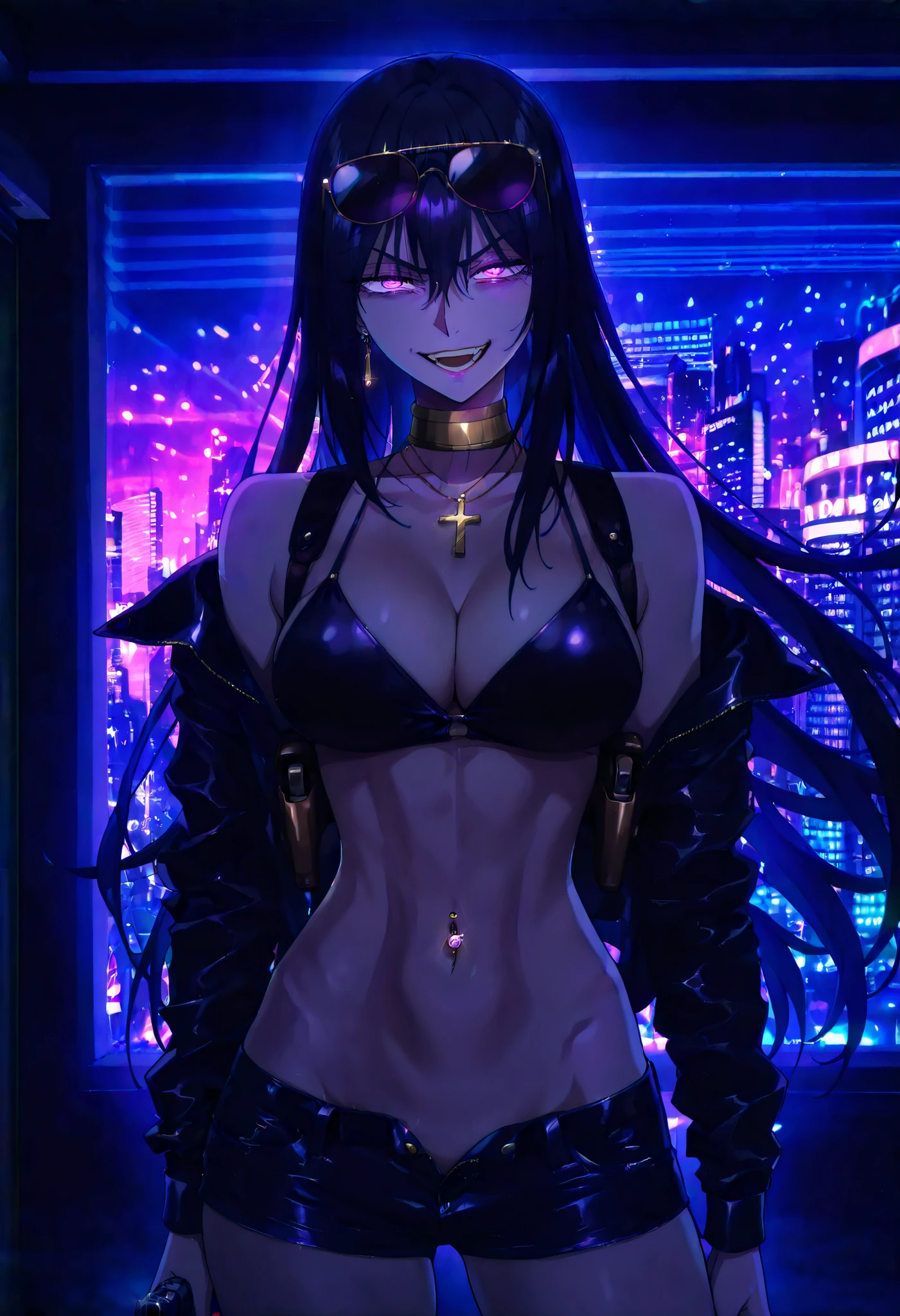 masterpiece, best quality, amazing quality, very aesthetic, absurdres, newest, scenery, 1girl, solo, long hair, black hair, purple eyes,, hair between eyes, gold choker, nail polish, ear piercing, long hair, , lipstick, Hot girl, baddie,, sensual, attractive ,choker , cross necklace, bar background, inside bar, indoors, cityscape, casino, nightclub, city lights,, masterpiece , best quality , highly detailed , a girls with a gun , evil smile , open mouth , sexy gaze , badass pose , evil smile , smile , (nsfw) not safe for work , guns blazing , anime girl with long hair , beautiful long haired girl , navel , evil expression , exposed belly , exposed navel , exposed midriff , exposed lower belly , , cleavage , unbuttoned shorts , open fly , shorts , short shorts ,, leather jacket , holding a gun , holding pistol , unbuttoned shirt , collared shirt , knot , pull_down shorts , black short shorts , (show off panties , :1 . 2 , no panties) , zip up leather jacket , bikini top ,,, navel piercing, sunglasses on head,,, shoulder holster, medium large breasts, waist dragon tattoo, narrowed eyes, tattoo waist, , anime screencap , anime coloring, looking at viewer , v-shaped eyebrows,