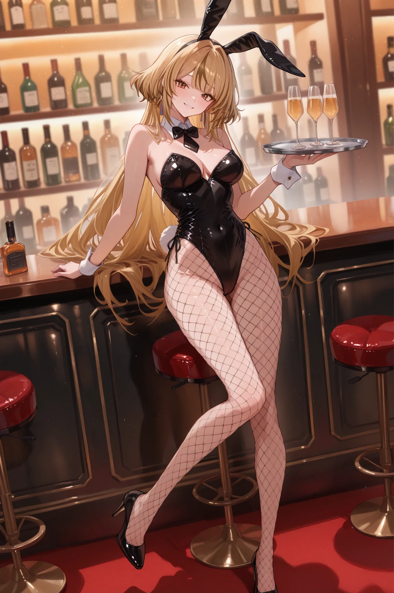 score_9, score_8_up, score_7_up, source_anime BREAK 1girl, solo, shirogane reika, 1girl, solo, female focus, very long hair, blonde hair, wavy hair, forehead, hair vents, yellow eyes, looking at viewer, smile, blush, sidelocks, collarbone, large breasts, cleavage, covered navel, thigh gap, gluteal folds, standing, floating hair, leotard, fake bunny ears, playboy bunny cosplay, holding tray, alcohol, <lora:Shirogane_Reika_Saimin_Ryoujoku_Gakuen_for_Pony:1>, rating_questionable