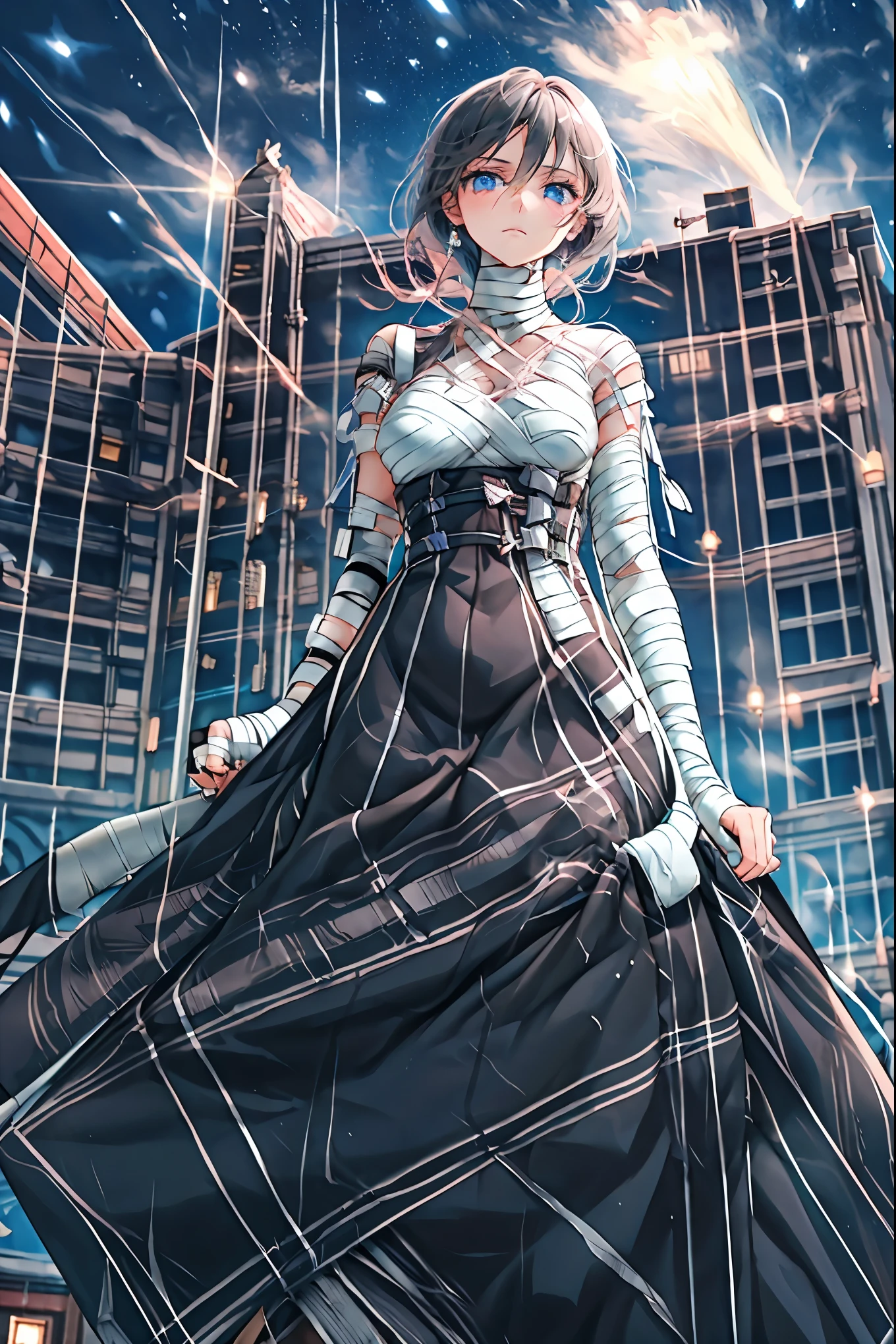 (((Bandage girl)))、Beautiful girl,Halloweenの夜,怪物に取り囲まれたCity,((from below:1.2)),, Transforming into a monster , A city filled with skyscrapers ,Cityの夜景、meteor、空から降り注ぐmeteor、無数のmeteor群、
The girl's wounded figure, A girl's expression is gloomy and gloomy ,frightened posture, A girl hiding her wounds with bandages , A monster's shadow creeps in the background , Surrounded by monsters ,Cityの高層ビルが立ち並ぶ夜景, A girl illuminated by the buildings , A dark, frightening atmosphere
masterpiece,4K,HDR,super precise,フォトreal,real,professional,vivid,horror,sf,dark,Halloween,dark atmosphere,fantastic,Gothic,City,Buildingscape