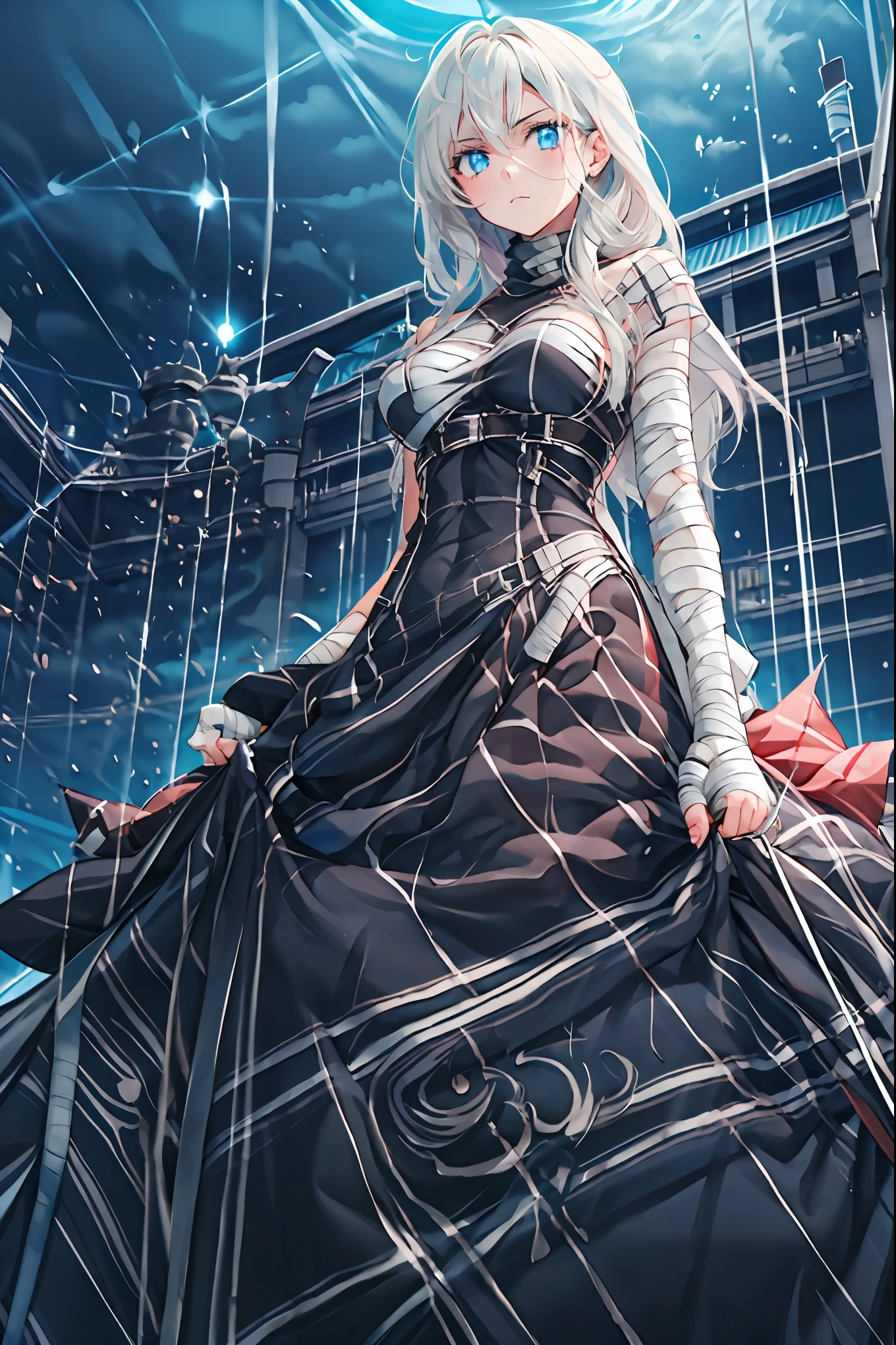 (((Bandage girl)))、Beautiful girl,Halloweenの夜,怪物に取り囲まれたCity,((from below:1.2)),, Transforming into a monster , A city filled with skyscrapers ,Cityの夜景、meteor、空から降り注ぐmeteor、無数のmeteor群、
The girl's wounded figure, A girl's expression is gloomy and gloomy ,frightened posture, A girl hiding her wounds with bandages , A monster's shadow creeps in the background , Surrounded by monsters ,Cityの高層ビルが立ち並ぶ夜景, A girl illuminated by the buildings , A dark, frightening atmosphere
masterpiece,4K,HDR,super precise,フォトreal,real,professional,vivid,horror,sf,dark,Halloween,dark atmosphere,fantastic,Gothic,City,Buildingscape