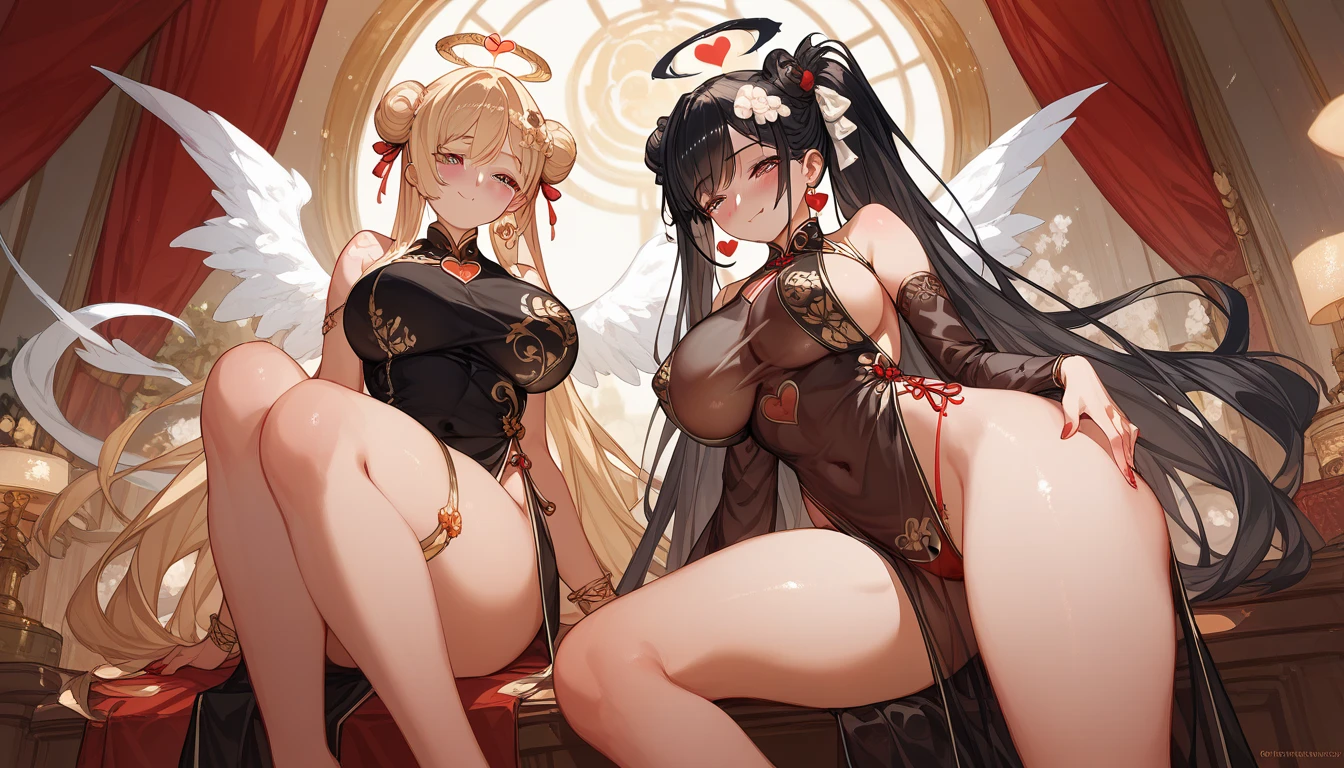 (twincest)，((Heterochromic pupils))，Striped hair，White color hair, Twist braids, mismatched pupils, Chiaroscuro, back lit lighting, Gothic art, 16k, Best quality, Anatomically correct, High details，lewd nun，(huge tit)，(white stockings)，red pupils，thongs，(ssmile)，strappy，srestrained，leg loops，Chains，((goat horn))，((Pious nuns))，Heart-shaped openwork，((Thigh strangle))，(Pubic bone)，(Silk glovelack skin)))，Brown skin，Dark  skin，(african man)，negroid，elvish ears, genshin impact, clorinde (clorinde) (genshin impact)