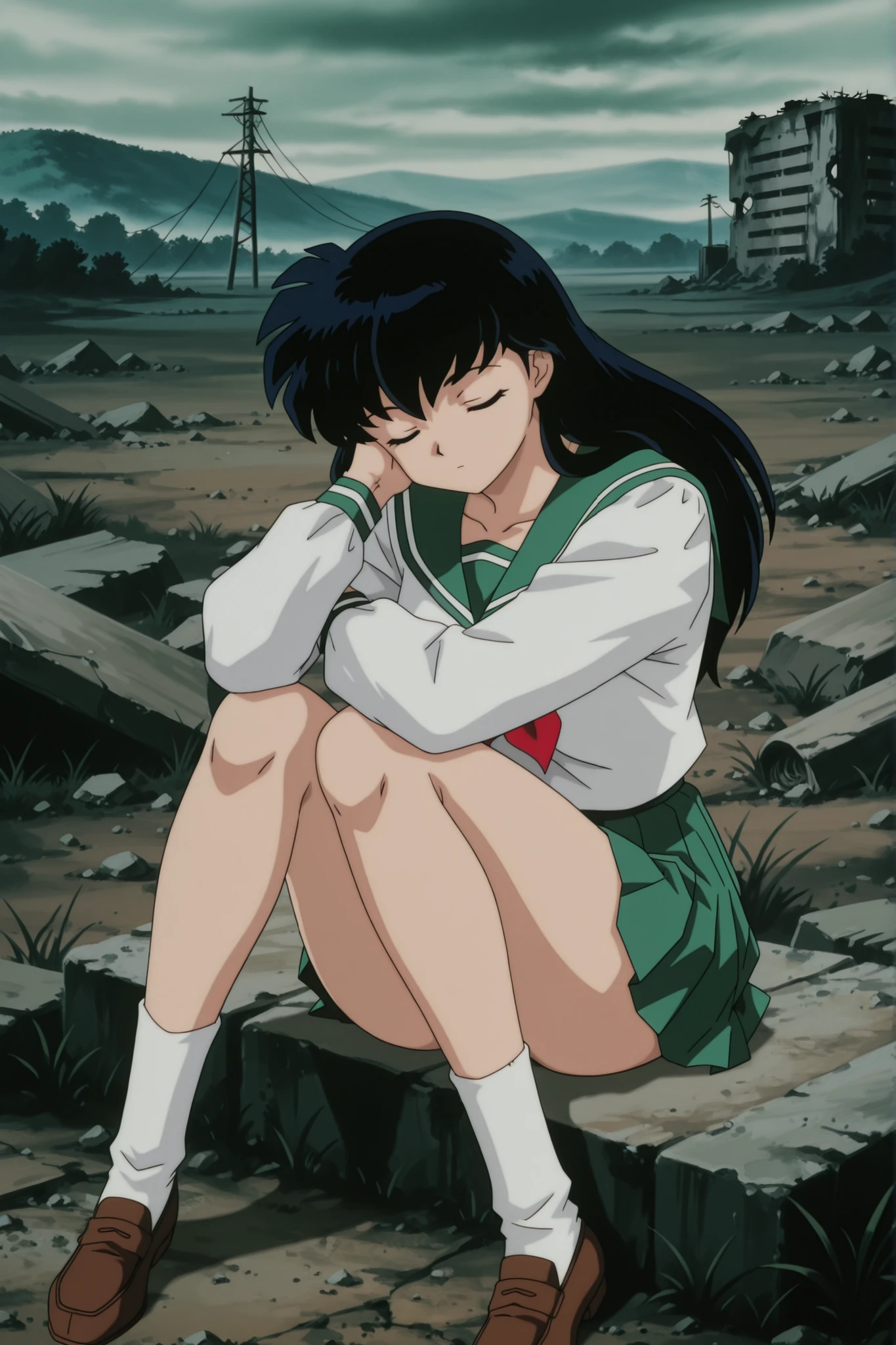 masterpiece,best quality,amazing quality, higurashikagome, masterpiece, best quality, amazing quality,, kagome higurashi, long hair, black hair, retro artstyle, brown eyes, anime screencap, skirt, shirt, long sleeves, school uniform, white shirt, pleated skirt, serafuku, , , green skirt, ,, wasteland, barren, dry, post apocalyptic, desolate, , , cute 🥰, , solo,, cowboy shot, solo , green panyhose , full thighs with green panyhose, sleeping on her face, her hips and thighs up, white socks, loafers, , closed legs, , sitting on Inuyasha's lap