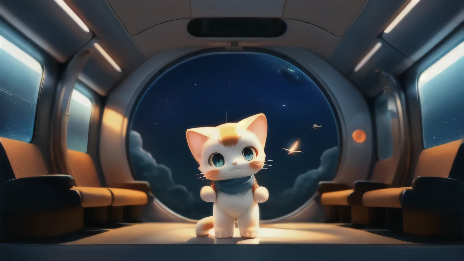 A futuristic train that flies through space、planet、cute cat standing in front of a train