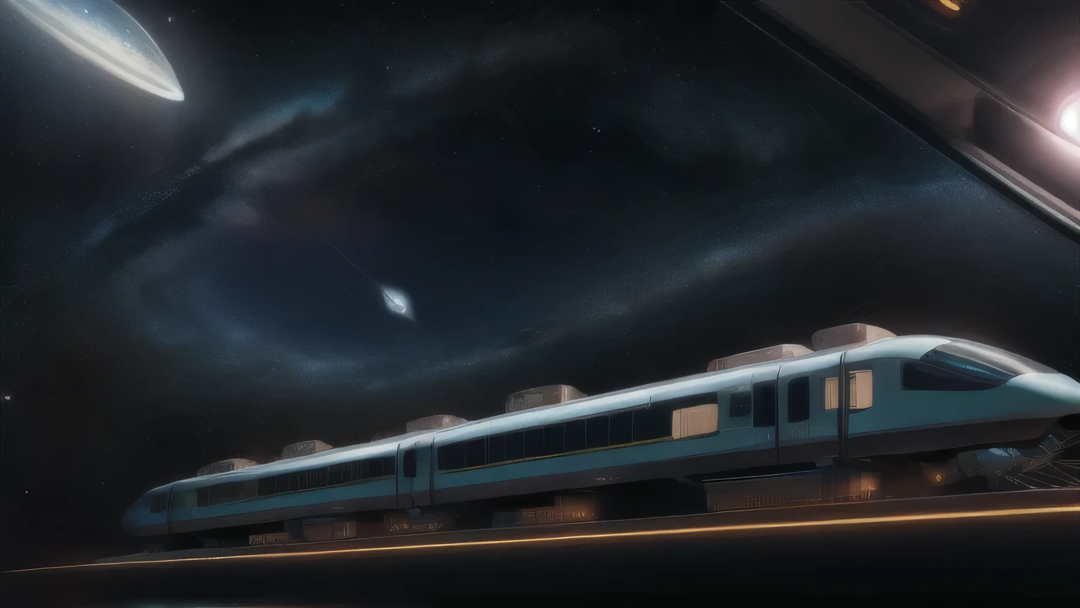 A futuristic train that flies through space、planet、
