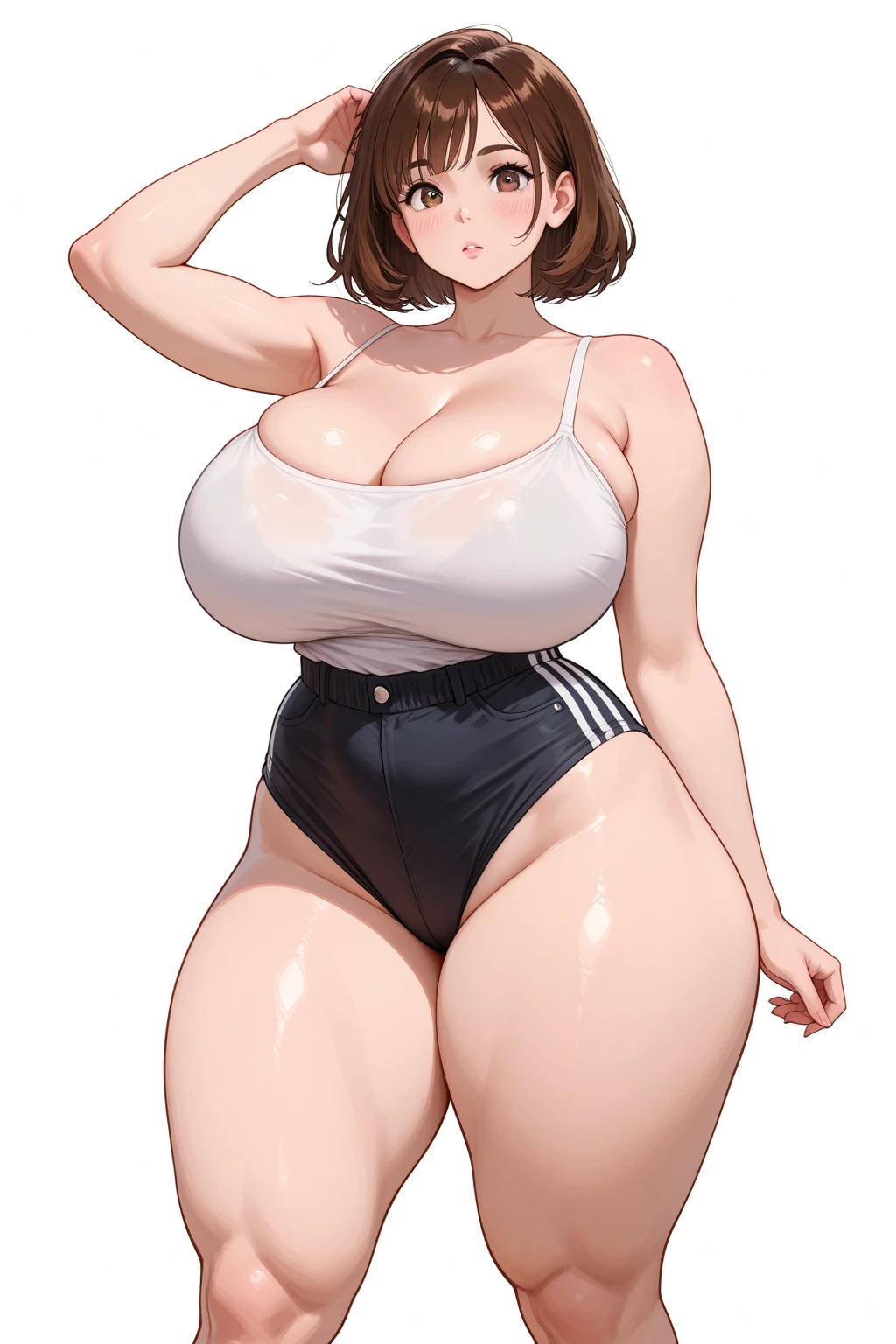 masterpiece, best quality, correct ???????, beautiful woman, high quality, volumetric lighting, intricate details, hyper detailed, (realistic, photorealistic:1.4), 1girl, haruka_senran, solo, looking at viewer, seductive smile, smile, short hair, light brown hair, pink hair bow, hair ribbon, (slightly chubby, wide ????, ????????????????:1), :q, (micro ??????:0.8), white swimsuit, white panties, white gloves, fingerless gloves hi res, HD, anime, sharp, extremely coloured, curvy, voluptupus, mature woman, slightly chubby, navel, thick ???, thick thighs, ?????????????, (simple background:1.2)