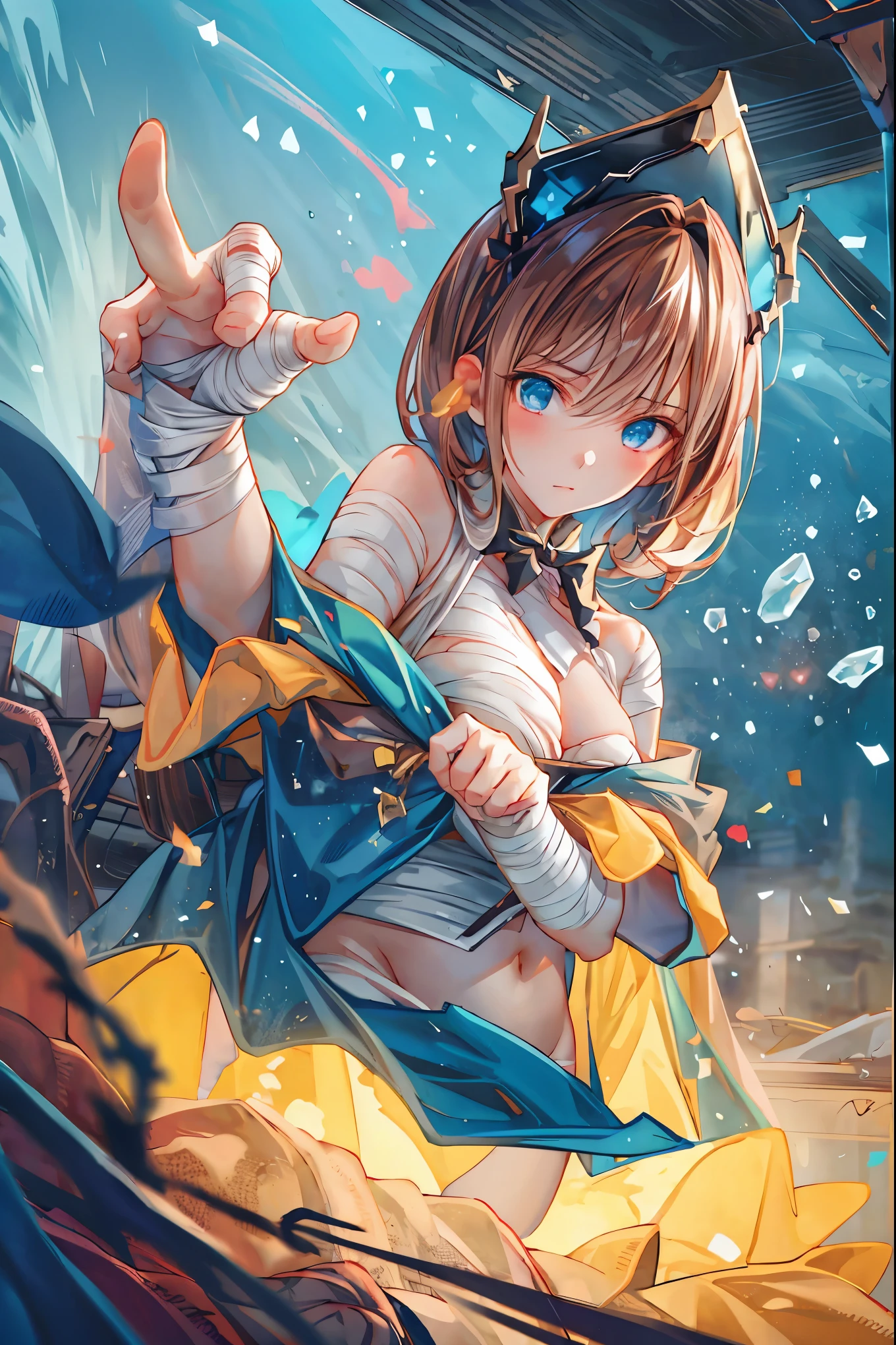 (((Bandage girl)))、Beautiful girl,Halloweenの夜,怪物に取り囲まれたCity,((from below:1.2)),, Transforming into a monster , A city filled with skyscrapers ,Cityの夜景、meteor、空から降り注ぐmeteor、無数のmeteor群、
The girl's wounded figure, A girl's expression is gloomy and gloomy ,frightened posture, A girl hiding her wounds with bandages , A monster's shadow creeps in the background , Surrounded by monsters ,Cityの高層ビルが立ち並ぶ夜景, A girl illuminated by the buildings , A dark, frightening atmosphere
masterpiece,4K,HDR,super precise,フォトreal,real,professional,vivid,horror,sf,dark,Halloween,dark atmosphere,fantastic,Gothic,City,Buildingscape