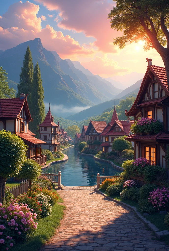 a small village by the river，Background is mountains，Flowers bloom，Brightly colored，Detailed Scenery，Beautiful Natural Scenery，Ambiance Lighting，Burning Sunsets，a warm color palette，utility，utility摄影，Detailed Leaves，Intricate architecture，cobblestone streets，charming country house，Swirling bright colors，dense vegetation，Intricate architecture，picturesque，Relaxed and Quiet，artwork of a，Best quality，8k，Extremely detailed，Anime Style