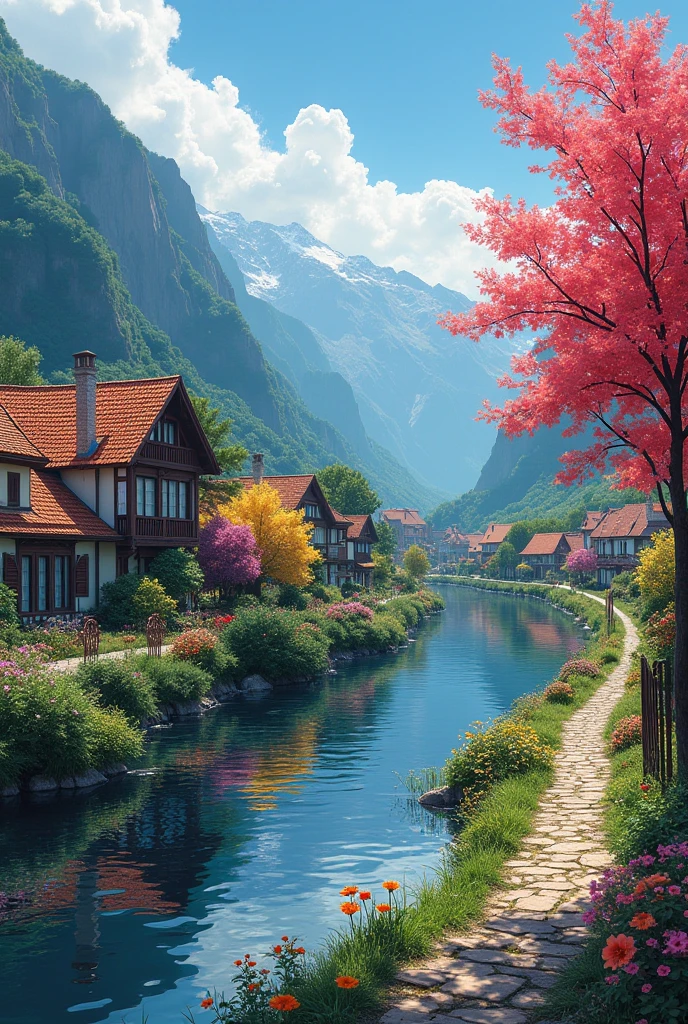 a small village by the river，Background is mountains，Flowers bloom，Brightly colored，Detailed Scenery，Beautiful Natural Scenery，Ambiance Lighting，Burning Sunsets，a warm color palette，utility，utility摄影，Detailed Leaves，Intricate architecture，cobblestone streets，charming country house，Swirling bright colors，dense vegetation，Intricate architecture，picturesque，Relaxed and Quiet，artwork of a，Best quality，8k，Extremely detailed，Anime Style