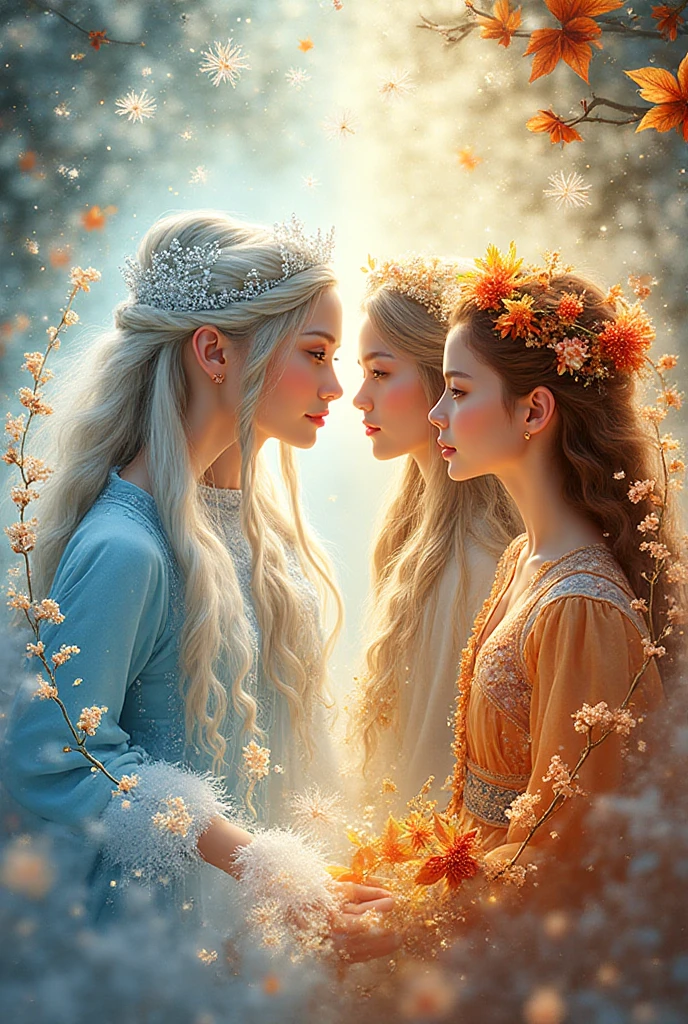 ((best quality)), ((Meisterwerk)), (detailed), perfektes Gesicht long blonde haired crowned celestial fairytale queen with unattaiinable beauty and grace and volouptous  dressed in long ethereal magnificent luminous flowing billowing gown kisses her mortal teenage daughter tenderlous, ethereal elegace, cosmic queen, blooming grace, goddess,  