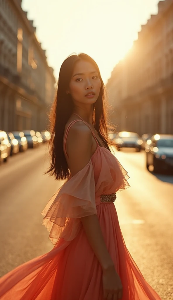 (((best quality))),(((ultra detailed))),(((masterpiece))),illustration,1girl,slim,sun-kissed skin,vibrant rose-pink cotton dress,short ponytail,flat chest,slender legs,pantyhose,sandals, bustling city streets, honking cars,surrounded by crowded crowds, colorful advertisements, street food vendor, grilled skewers, spicy sauce, enjoying sights and sounds,(darkened black skin:1.5)