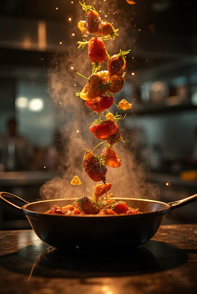 

*Just the text below:*

In a warmly lit, stainless-steel kitchen glinting with reflections of golden light, a master chef stood poised with unwavering precision. His crisp white uniform bore tiny splashes of sauce and seasoning — proud battle scars of a day spent crafting perfection. In his firm grip, a heavy cast-iron skillet danced with motion, tilted just enough to launch the food within skyward.

A medley of seared vegetables, glistening with oil, herbs, and subtle charring, flew gracefully through the air in a perfect arc. The steam rising off them shimmered in the warm kitchen light, creating a halo around each airborne ingredient. Tiny droplets of butter and olive oil sparkled like stars, frozen in time for a brief, glorious second.

The chef’s eyes never wavered. His fingers tightened subtly on the handle. The motion of the pan followed the curve of the food’s flight with a practiced fluidity — not a trick, not flair, but precision honed over years.

As the sizzling ingredients landed back into the pan with a soft, rhythmic hiss, the aroma exploded — garlic, rosemary, black pepper, caramelized onion. It was not just cooking.  
It was choreography.  
It was art.