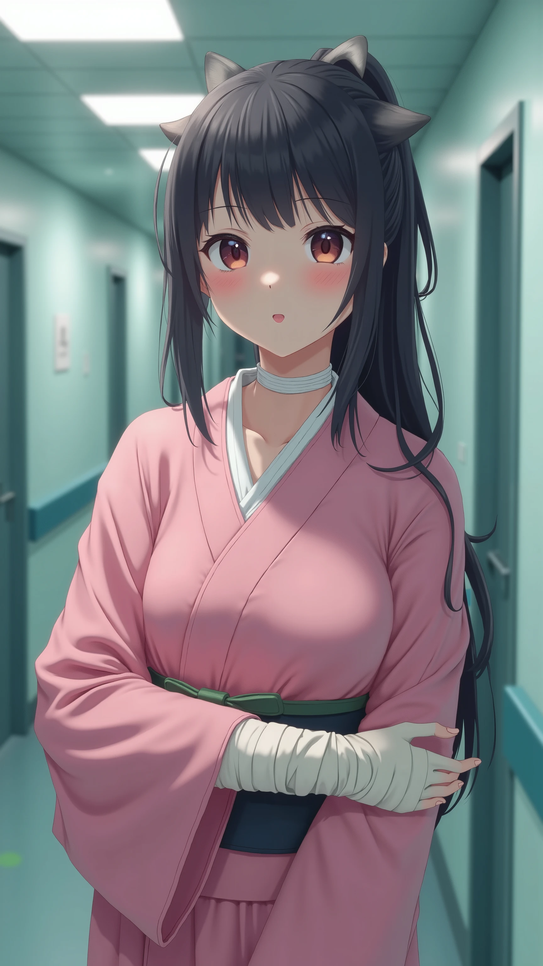 For high-definition footage, see、cat girl getting into a traffic accident、fractured her left arm in the hospital hallway and her left arm wrapped round and round with a bandage hanging it from her neck、Stunned 、wearing a pink kimono、Full body high definition footage、