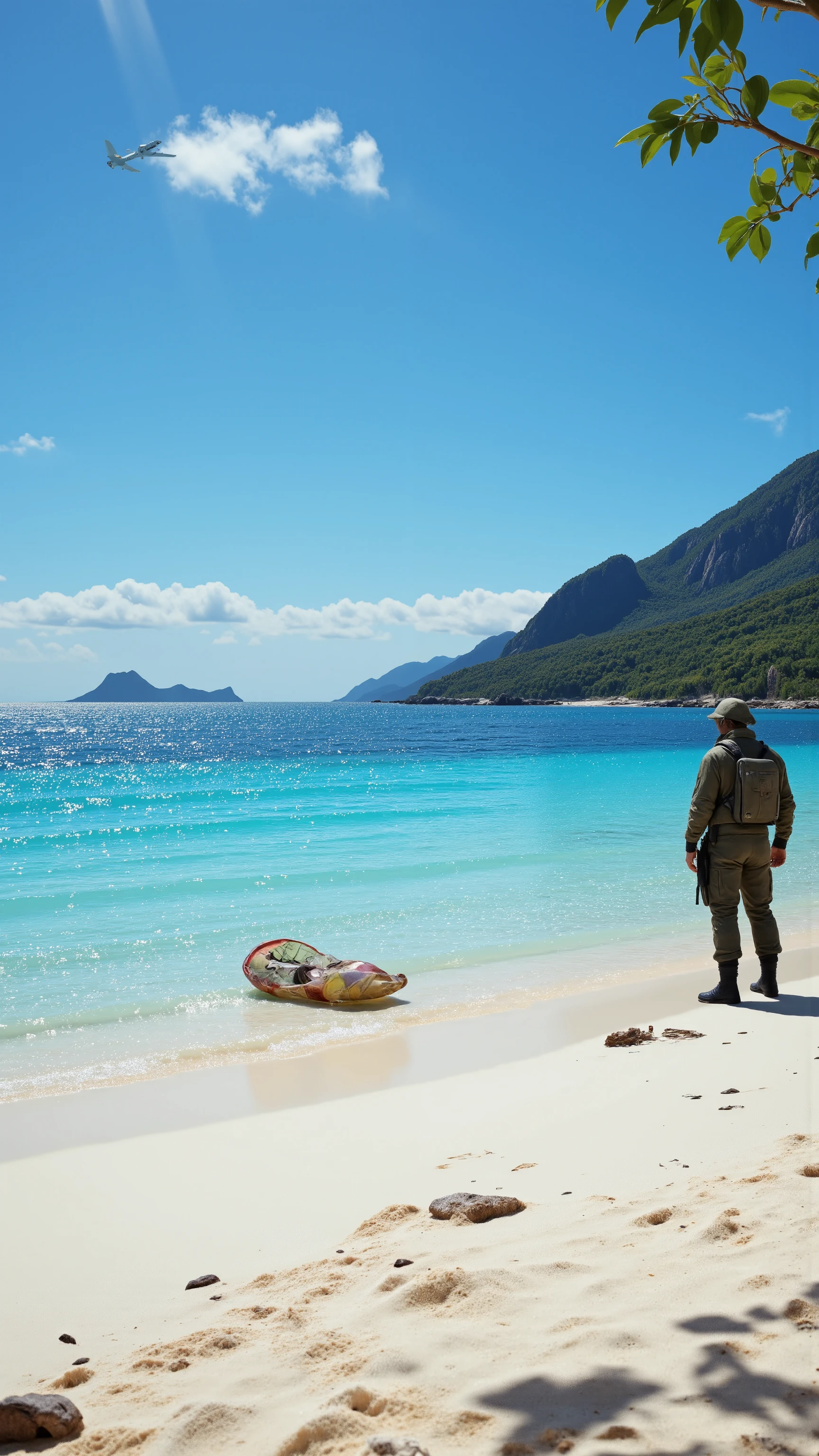 high-definition images、Alone on a deserted island、parachute on the side after use、Transport plane returning to the sky、