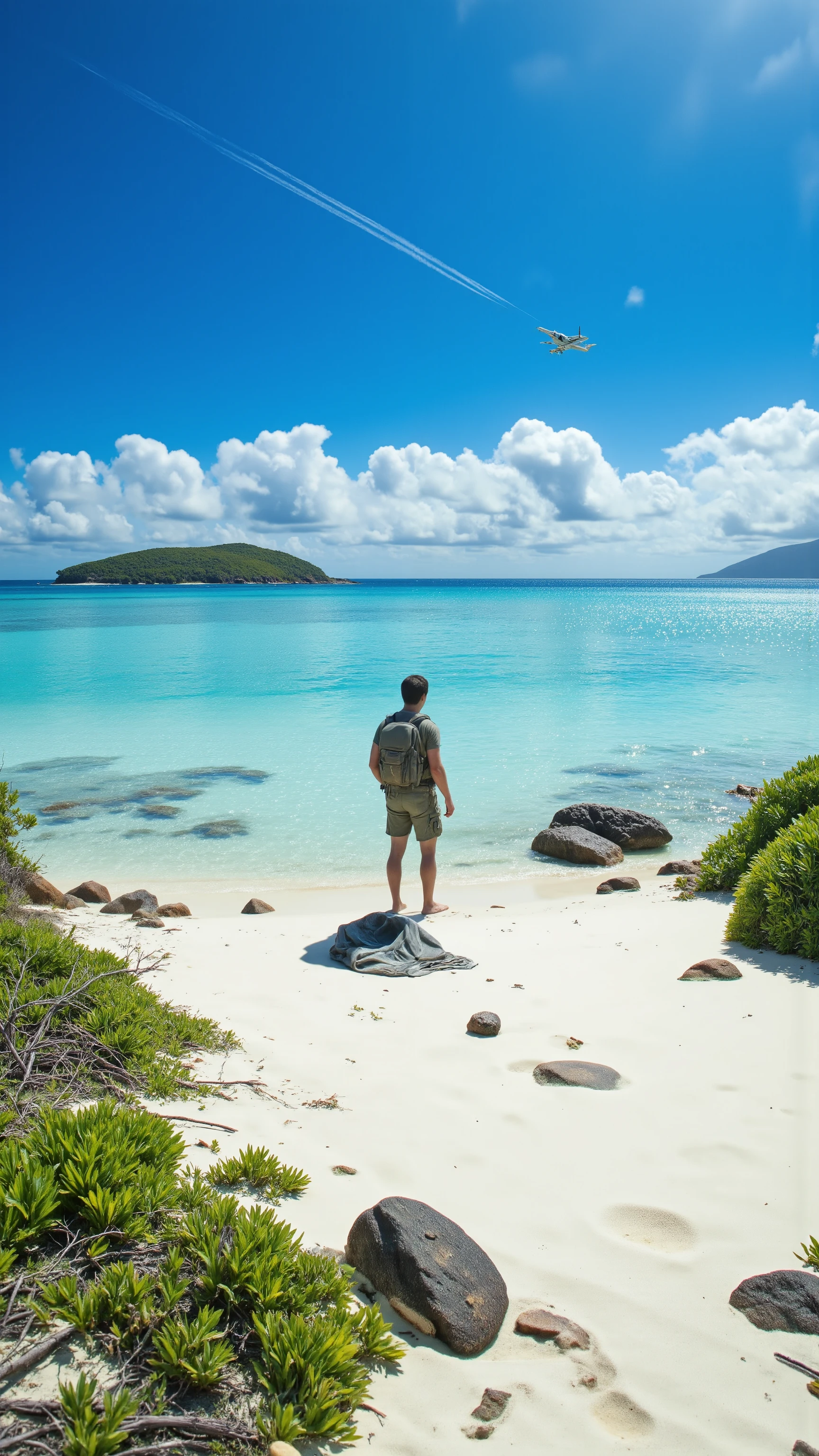 high-definition images、Alone on a deserted island、parachute on the side after use、Transport plane returning to the sky、