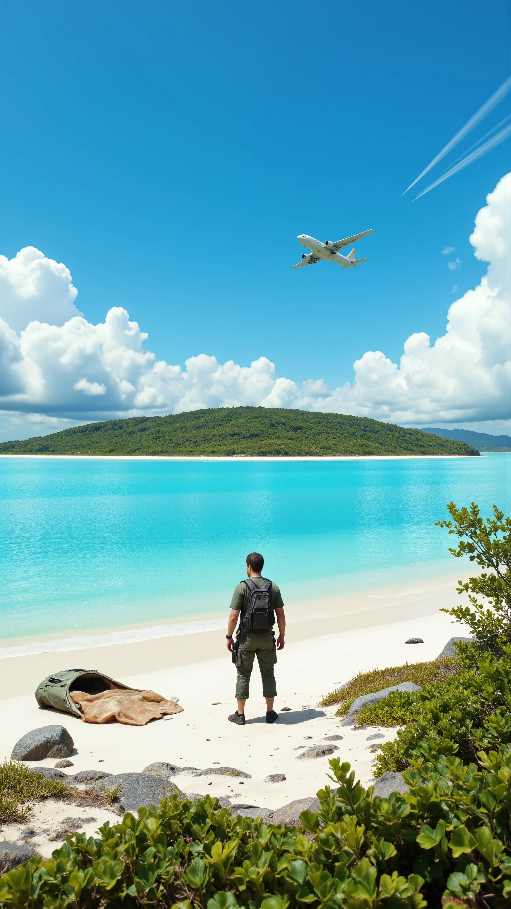 high-definition images、Alone on a deserted island、parachute on the side after use、Transport plane returning to the sky、