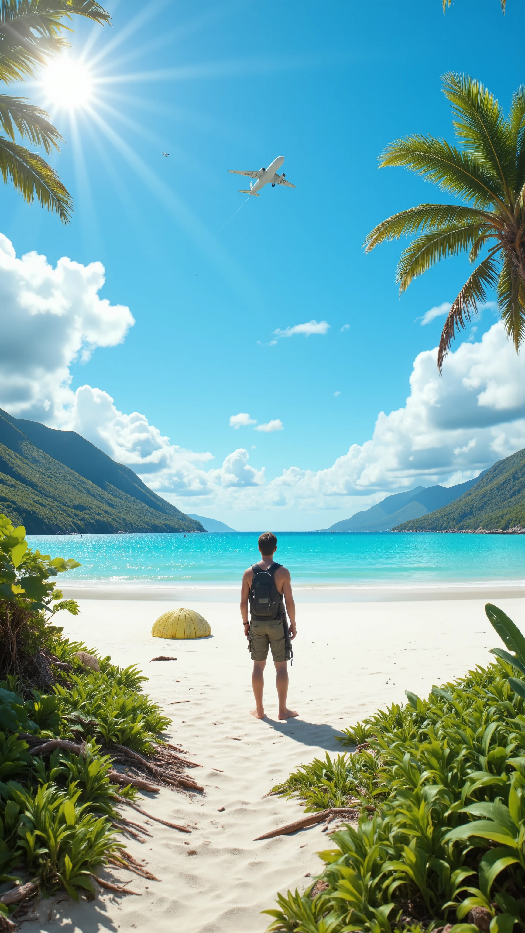 high-definition images、Alone on a deserted island、parachute on the side after use、Transport plane returning to the sky、