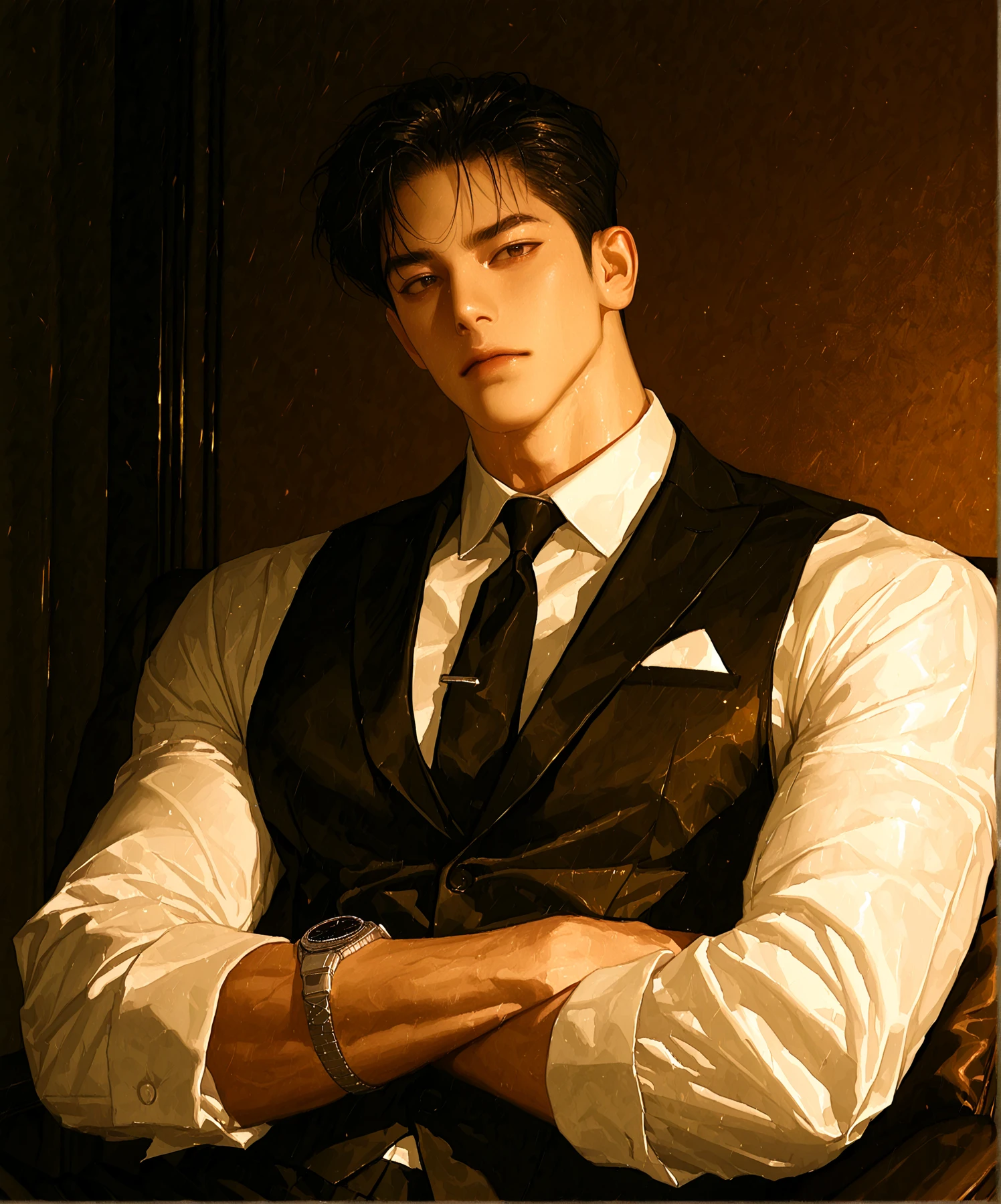 man, tall and fit, as mafia boss, in completely black suit, , with short black hair, while sexy modeling, in different positions.