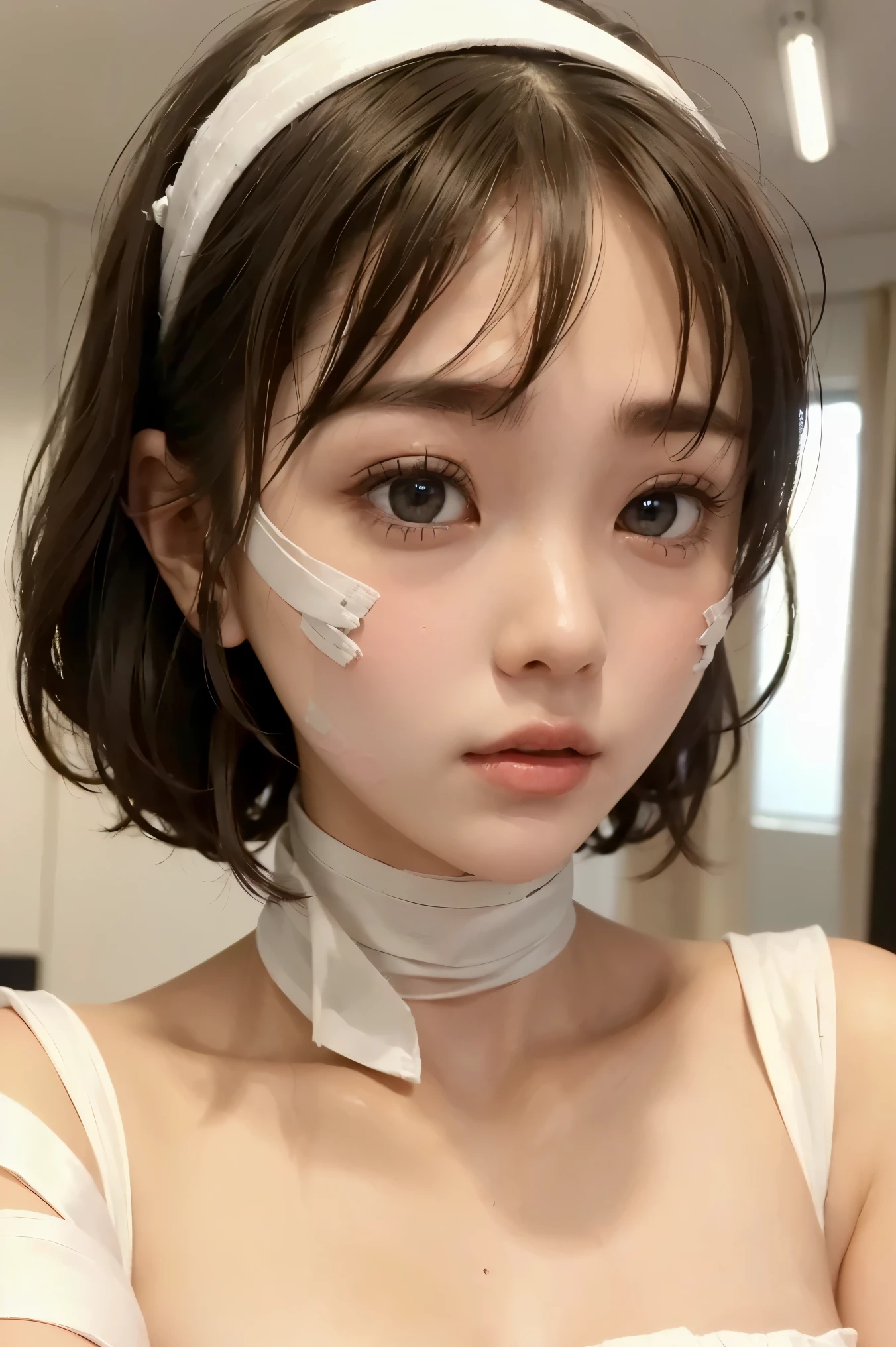 (8k、Original Artwork 、High Quality:1.2),(contrast:1.2)、(cute face using crutches:1.6)、(woman staring at the viewer)、( Dark Haired、Dark Eyes:1.8),(woman with white bandage wrapped around her body:1.5)、(Portrait Photography),(beautiful idol woman:1.3)、( thin waist:1.6)、(A woman who wore a lot of bandages and became a mummy costume :1.5)、(I'm wearing a white bandage:1.2)、(Close up photo of a:1.5)、( slender body :1.4)、 Ultra High Accuracy, beautiful faces,(1 person:1.9) 、( pretty face : 1.9)、(looks like she's in trouble: 1.6)、(big eyes: 1.5), ( Cyberlab Background、only 1 person showing skin :1.2),(short hair:1.5)、(metal necklace )、(glowing metal headband)、 High Quality ( face close-up)、big eyes,(glowing eyes:1.3),beautiful eyes,beautiful skin, short hair、(Woman with white bandage)、watch viewers、( background is a hospital room)、