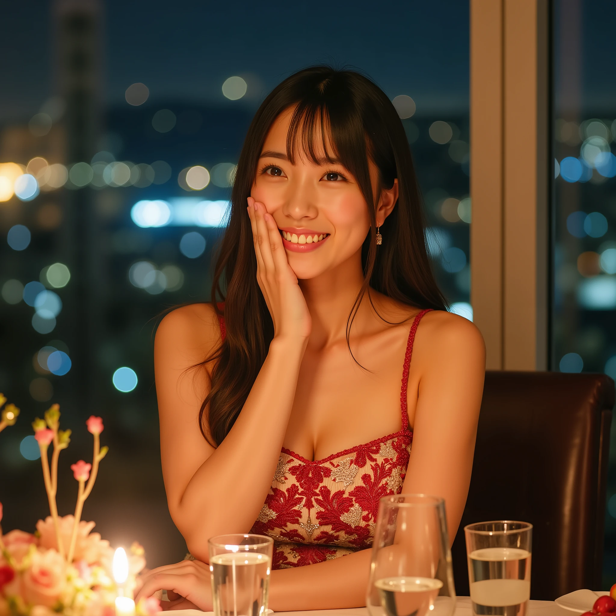 A restaurant in a high-rise building with a night view、Japanese idol being proposed as a birthday surprise、An emotional expression with tears of joy streaming down her cheeks、A sparkling diamond ring、Figure dressed in a red and white dress、Movie Lighting、A city nightscape shining in the background、A birthday cake and bouquet on the table、The moment emotions overflow、portrait-like composition、Dramatic lighting、Emotional expression, clear down to the smallest detail、16K photoreal、red and white lace party dress、Emotional Expression、composition capturing a dramatic moment、The sparkle of a diamond、champagne、room decorated with birthday balloons and flowers、