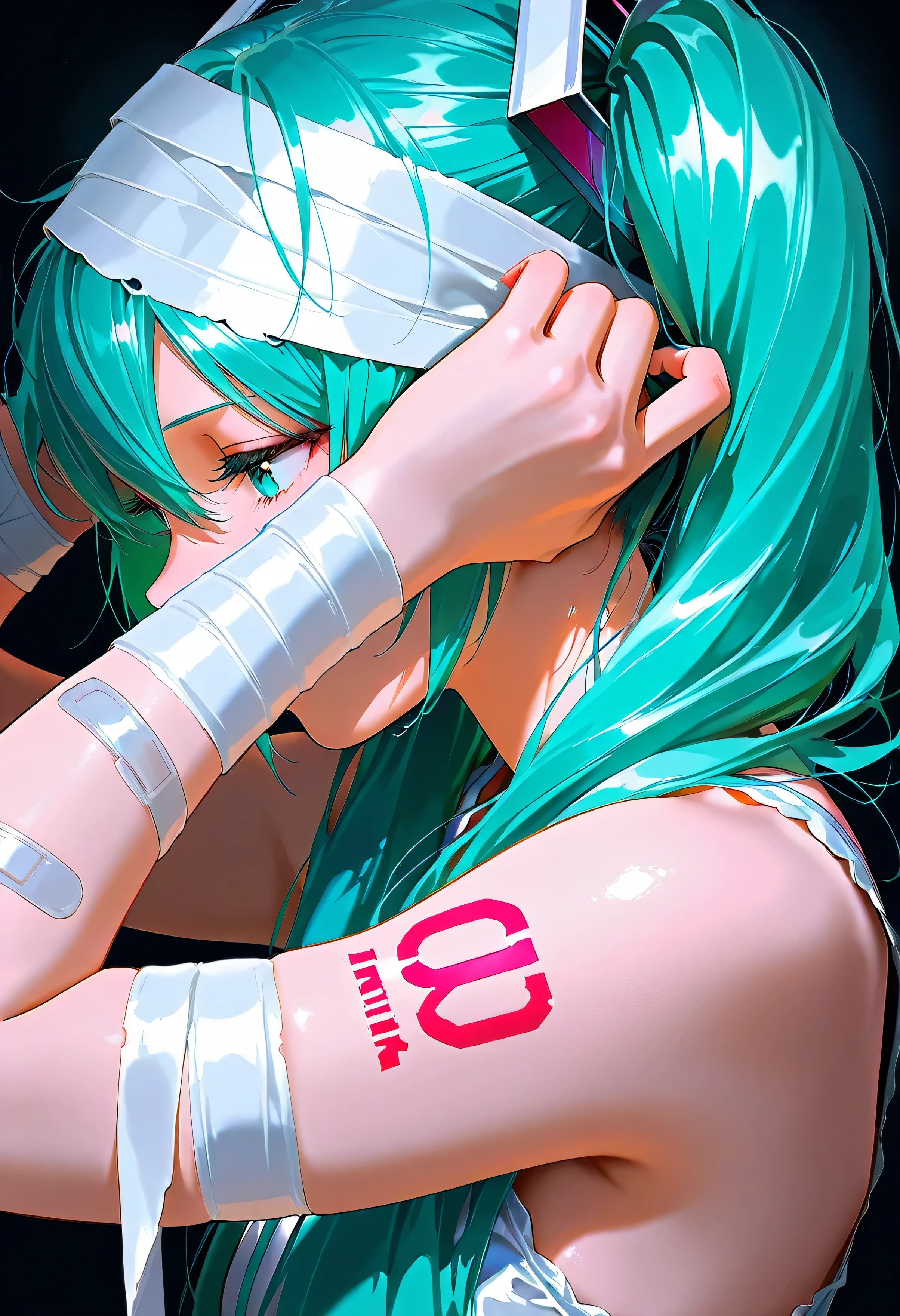 Hatsune Miku,(Number "00" tattoo on arm:1.5),(dark:2.0),masterpiece,Ultra-high resolution,Rich contrast,Very high quality,8k,Highly detailed CG unit wallpaper,Texture,So ridiculous,RAW Photos,Depth of written boundary 1.2,maorix,bunching hair,(close up),(from side:1.3),(She has bandages on her head and body.:1.5),