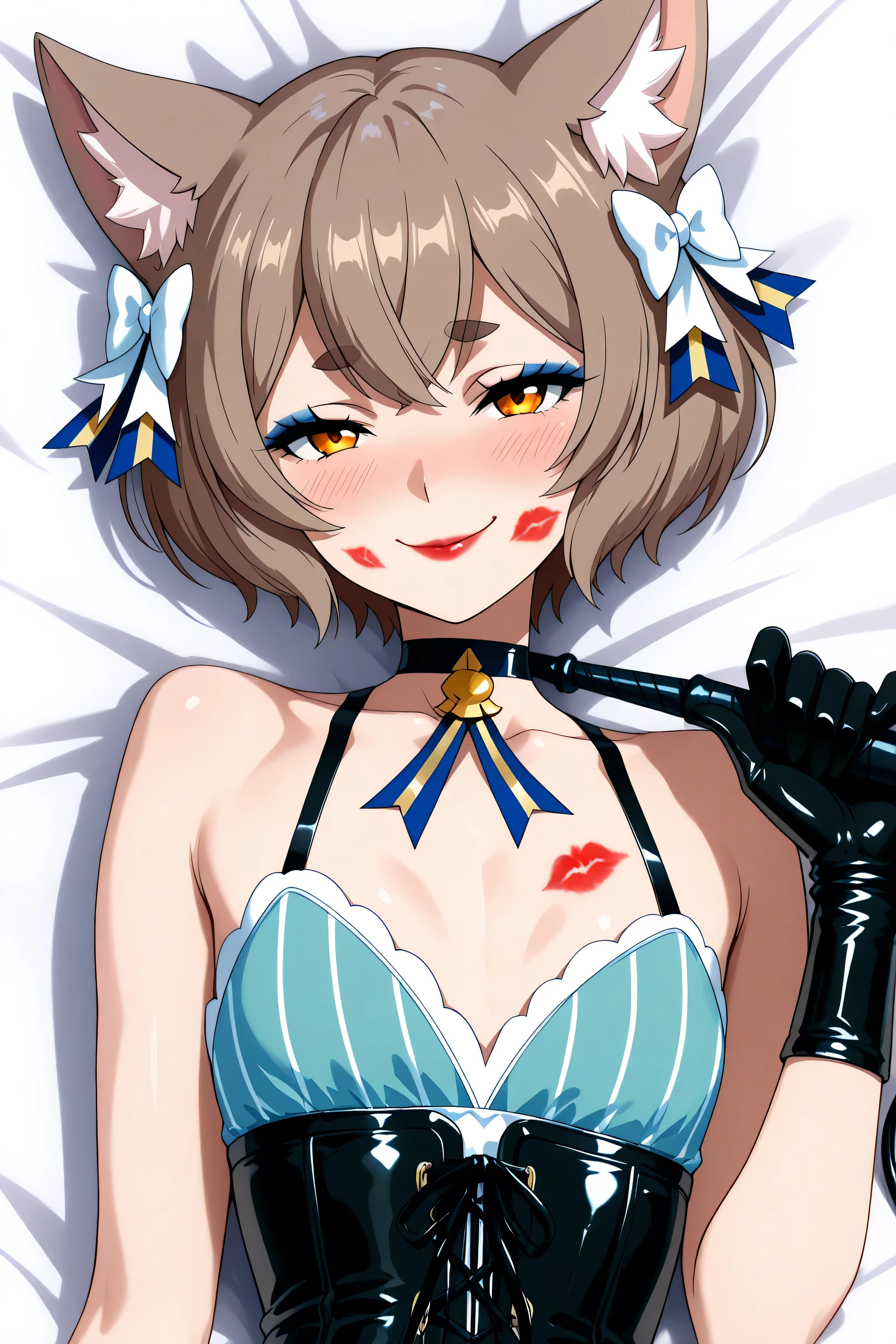 lipstick marks, red lipstick marks on face, red lipstick marks on body, <lora:dominatrix-ponyxl-lora-nochekaiser:1>, dominatrix, black bondage outfit, whip, holding whip, black latex gloves, black  latex corset, black  latex panties, felix argyle, short hair, bangs, brown hair,  animal ears, hair bow, male focus, cat ears, eyelashes, bob cut, thick eyebrows, white bow, otoko no ko, cat tail, small breasts, red lipstick, eyelashes, makeup,  glossy lips, masterpiece, dakimakura, high resolution, blush, smile, looking at viewer, laying  in bed, masterpiece, best quality, highly detailed, high quality facial features, red lipstick, perfect eyes, seductive pose, blue eyeshadow, smirk smile, facing directly, Felix "Ferris" Argyle, face only