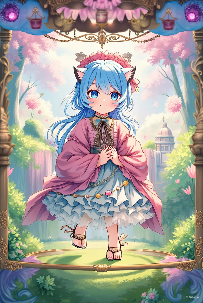 sky Blue hair, (braided ponytail),(pink eyes),fair skin ,(full body),1 girl,happy smile,white red kimono,Fresh green forest,Forest Goddess,Straight Bangs,(masterpiece, best quality, ultra-detailed, best shadow), (detailed background), (beautiful detailed face), high contrast, (best illumination, an extremely delicate and beautiful), ((cinematic light)), colorful, hyper detail, dramatic light, intricate details,guardian of the forest,Leaf Blizzard,