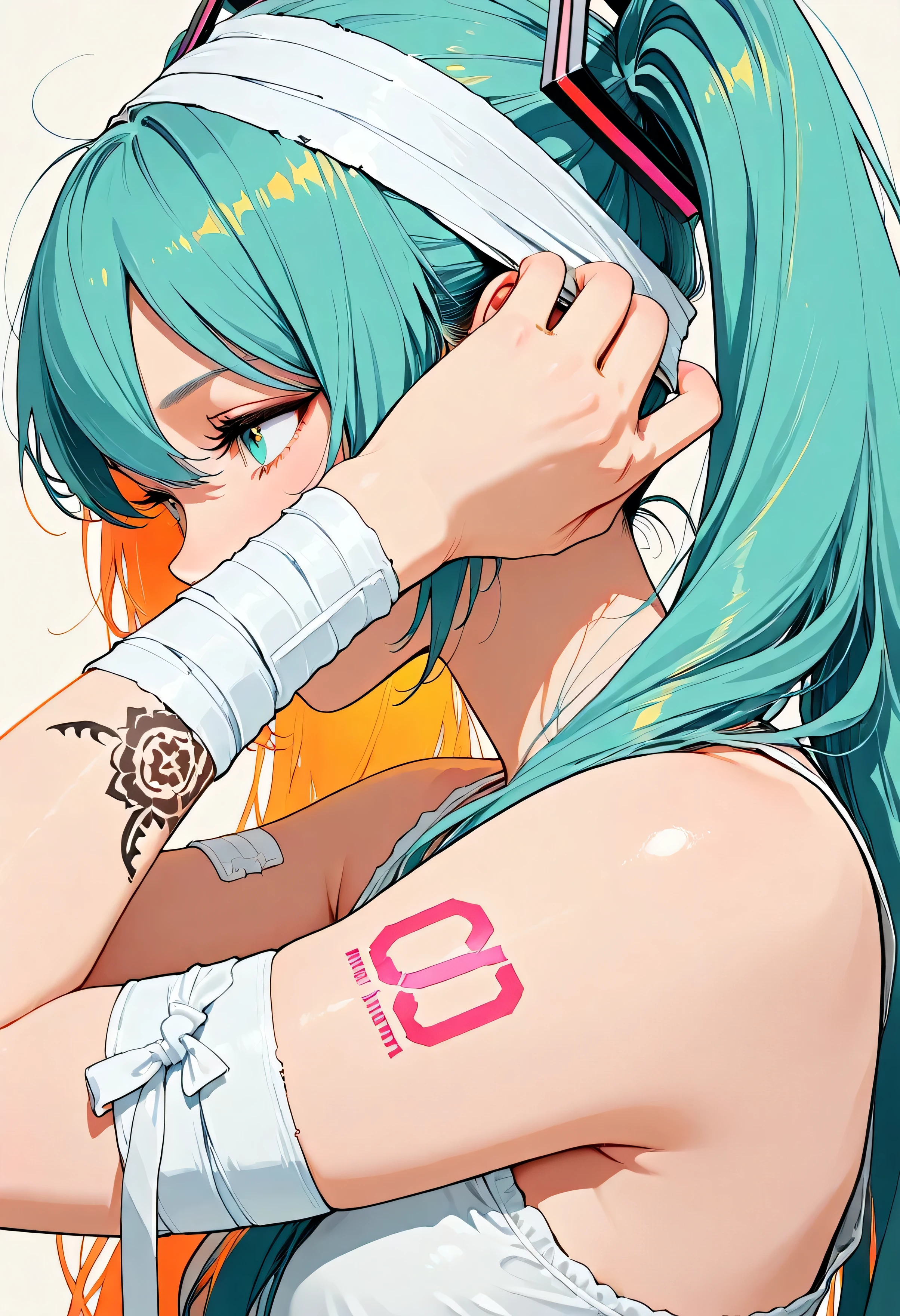 Hatsune Miku,(Number "00" tattoo on arm:1.5),(dark:2.0),masterpiece,Ultra-high resolution,Rich contrast,Very high quality,8k,Highly detailed CG unit wallpaper,Texture,So ridiculous,RAW Photos,Depth of written boundary 1.2,maorix,bunching hair,(close up),(from side:1.3),(She has bandages on her head and body.:1.5),(glowing orange color outline:1.3),