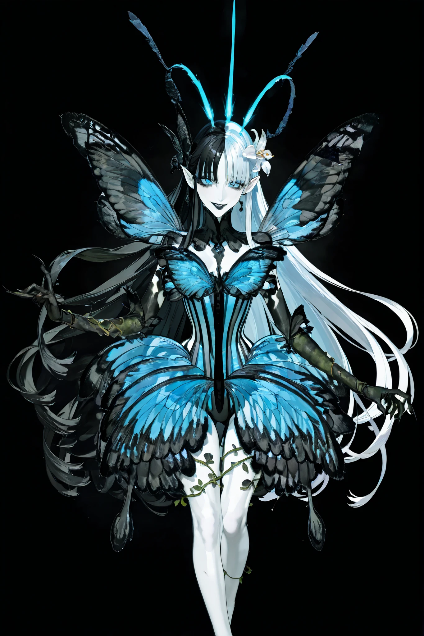 (SPLIT-COLOR HAIR,MIX OF BLACK AND WHITE HAIR,) Dark faèrie-girl. She has an asthenic skinny flat-chested physique, she has long elegant swan neck,clawed six-fingered limbs,long pointy ears. She has huge sharp pitch black butterfly wings. She has elegant curving antennas. She has white skin and a long straight nose. She has black lipstick and sharp needle-like teeth.
She has straight longest striped hair with NO BANGS. She has royal blue eyes with Nazar symbol. She wearing in jet-black closed skin-tight catsuit with nature embroidery and engraving of vines. Over it, she wears a Black butterfly leotard dress, with a narrow waist corset. (On background: twilight forest where purple-black trees are covered with bioluminescent moss , multicolored Lilly flowers and mushrooms. Black butterflies and moths are flying everywhere.)