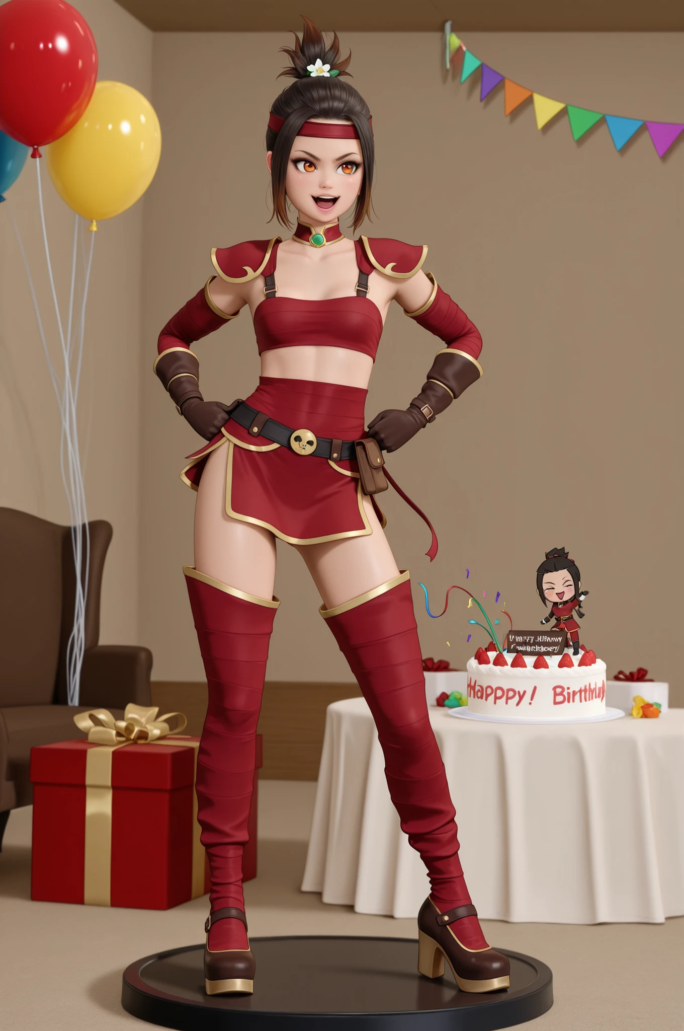 Azula , amber eyes . wavy dark brown hair strands above her shoulders. short hair. small breasts. huge hips. choker. | score_9, score_8_up, score_7_up, faux figurine, nendoroid, full body, figure, platform, solo, Anime, 1girl, chibi, bheadband, edgWrap,brown-red ribbon,bow knot, wearing edgWrap, hair_flower,, gloves, harness, belt pouch, masterpiece, best quality, high quality, high resolution, highresmasterpiece, best_quality, amazing_quality, ultra-detailed, absurdres, highly_detailed, intricate_details, (photorealistic:1.5), ultrarealistic, 8k, Birthday1 party, birthday cake, confetti, indoors, food, balloon, string of flags, table, happy birthday, gift box, party popper