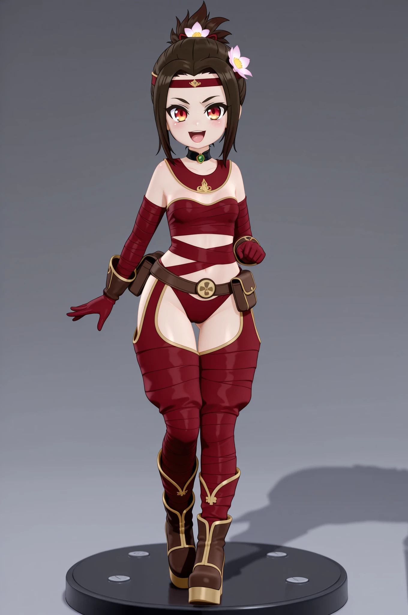 Azula , amber eyes . wavy dark brown hair strands above her shoulders. short hair. small breasts. huge hips. choker. | score_9, score_8_up, score_7_up, faux figurine, nendoroid, full body, figure, platform, solo, Anime, 1girl, chibi, bheadband, edgWrap,brown-red ribbon,bow knot, wearing edgWrap, hair_flower,, gloves, harness, belt pouch, masterpiece, best quality, high quality, high resolution, highres