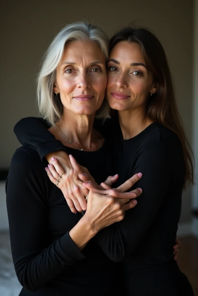 photo of a skinny very old wrinkly-faced faced mature blonde messy long hair thrown into a messy bun ponytail. She wears: (turtleneck soft high ribbed dark green super tight sweater:1.1), pose, high tight ribbed neck, smile, perfect fake , eager granny, teasing old lady, on her face, drenched in facial