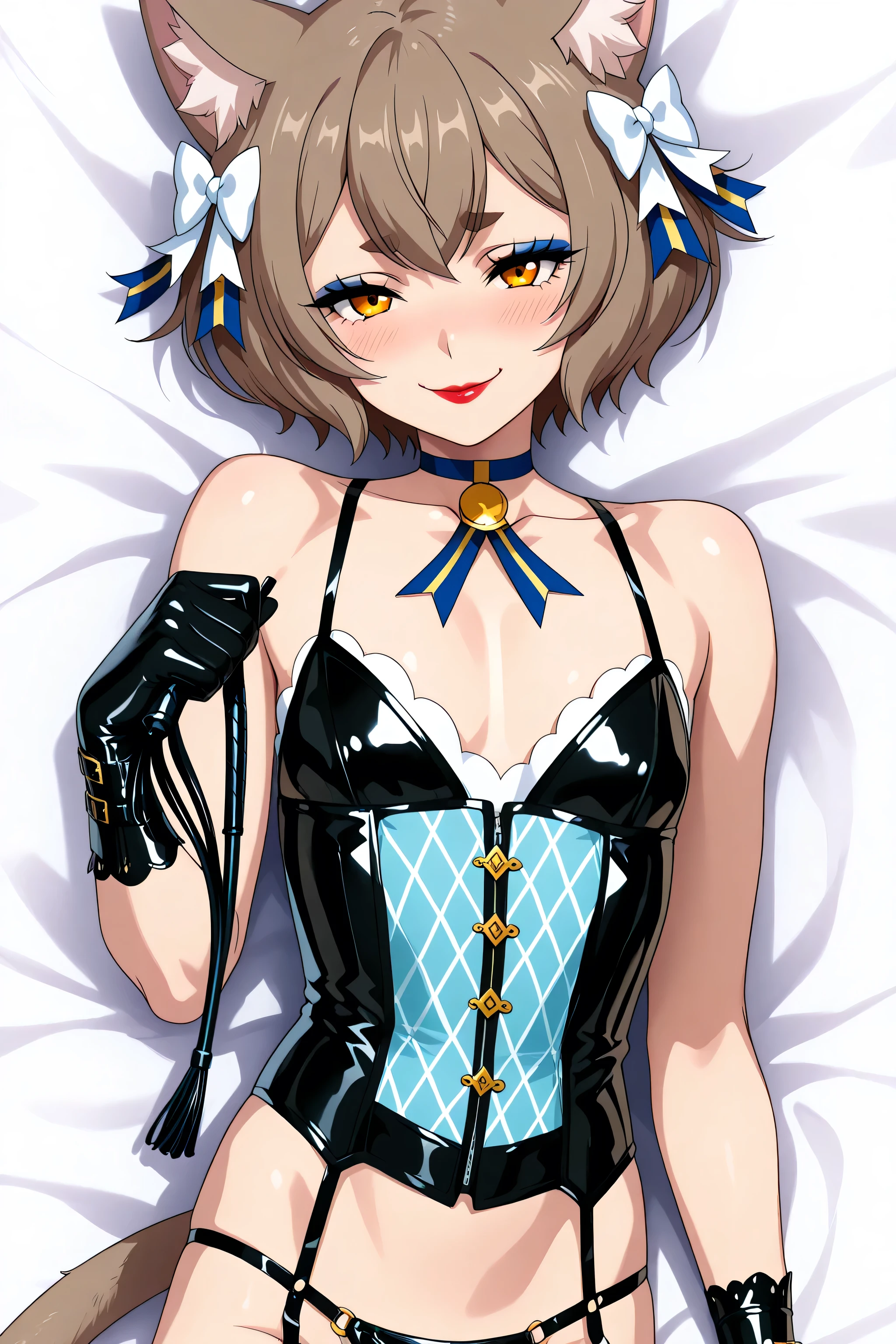<lora:dominatrix-ponyxl-lora-nochekaiser:1>, dominatrix, bondage outfit, whip, holding whip, latex gloves, latex corset, latex panties, felix argyle, short hair, bangs, brown hair,  animal ears, hair bow, male focus, cat ears, eyelashes, bob cut, thick eyebrows, white bow, otoko no ko, cat tail, small breasts, red lipstick, eyelashes, makeup,  glossy lips, masterpiece, dakimakura, high resolution, blush, smile, looking at viewer, laying  in bed, masterpiece, best quality, highly detailed, high quality facial features, red lipstick, perfect eyes, seductive pose, blue eyeshadow, smirk smile, facing directly, Felix "Ferris" Argyle, face only
