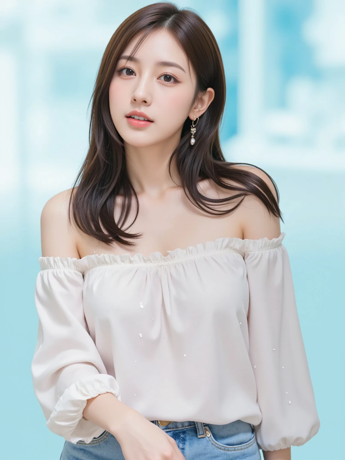 1 Girl, Solitary, Practical, Smile, Head tilt,  White long skirt, Grin, Upper Body,  ( Ocean, bridge,  background:1.5),  (OK:1.5), ulzzang-6500v1.1, (The original: 1.2), (Practical: 1.3) , beautiful girl，Beautiful details, Extremely detailed eyes and face, 眼睛有着Beautiful details, absurd, incredibly absurd, Huge file size, Ultra Detailed, high resolution, Ultra Detaileded, 最OK质量, masterpiece, illustration, Ultra Detaileded and beautiful, Ultra Detaileded, CG, Unite, 8k wallpaper, Astonishing, Fine details, masterpiece, Top quality, Official Art, extremely detailed CG Unite 8k wallpaper, light, (Perfect radiant skin:0.6), Slim and smooth lines, (floating), (Small Breasts:1),  Diamond Earrings, 