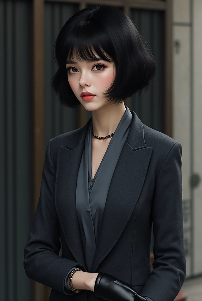 Mature young woman，Tight business suit，Slim waist, wide ，Sandals，There are moles at the corners of the mouth，Mole at the corner of the eye on the face，Smoky makeup，Heavy makeup，Dark eyeshadow，short ear-length hair，ear jewelry，choker necklace，There'There'There's a lot of sticky water on my face，Very sticky water sticks to hair，Very wide open mouth，Stick out your ，saliva runs down the ，