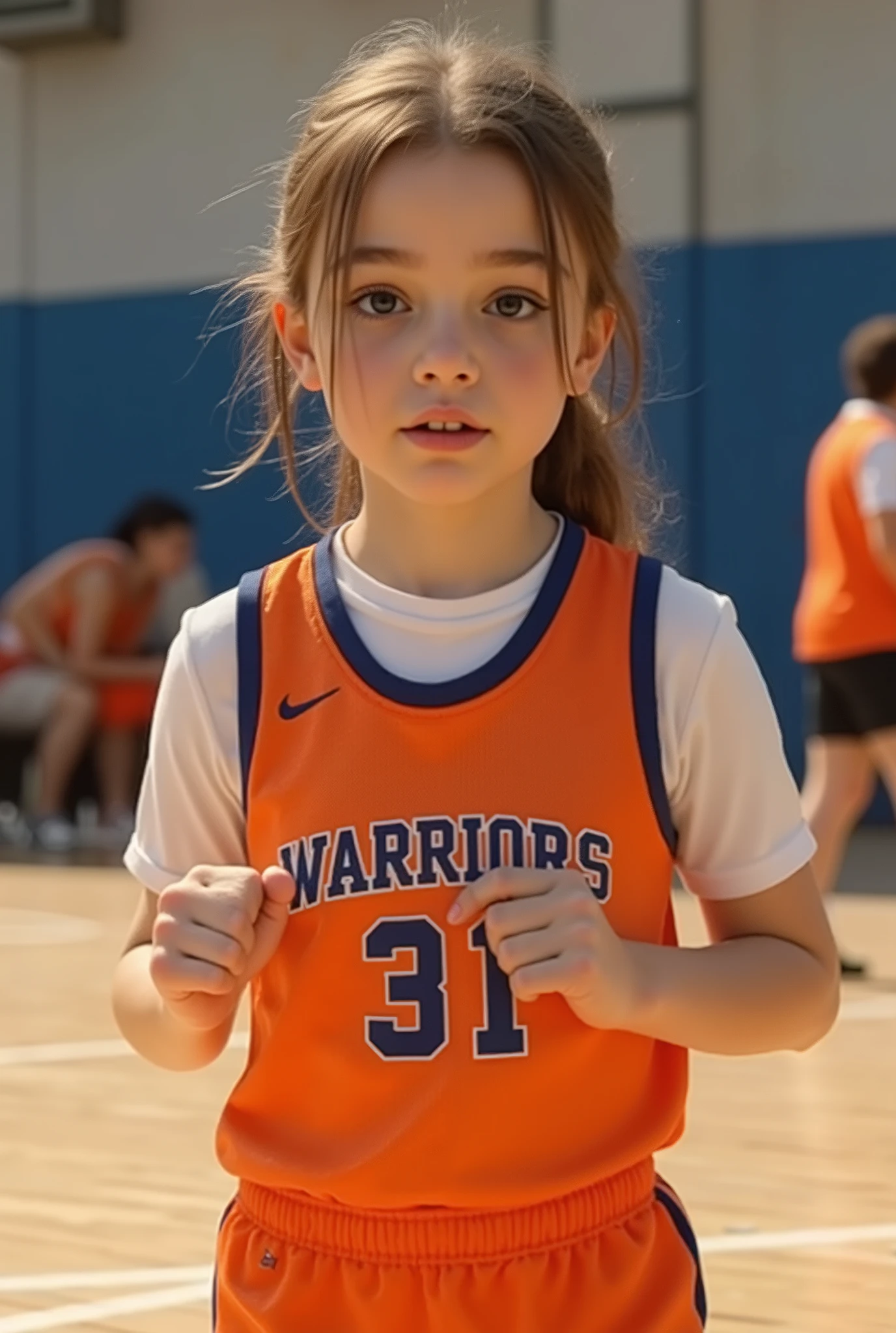 Teenage 12-year-old girl wearing a jersey with the name Warriors basketball team