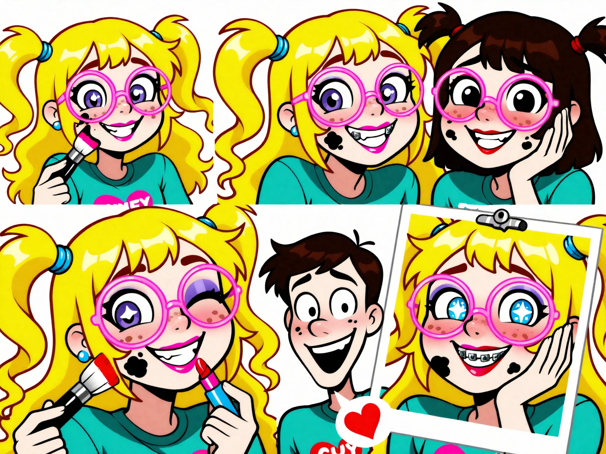 cartoon girl, braces, acne, pimples, freckles, large glasses, round glasses, shiny teeth, big smile, cartoon eyes, sparkling eyes, purple eyes, blue eyes, blonde hair, curly hair, wavy hair, long hair, yellow hair, blushing cheeks, happy expression, excited face, cartoon style, exaggerated features, holding photo, photo in hand, picture of boy, handsome boy, smiling boy, brown hair boy, short hair boy, cartoon boy, bright eyes, white teeth, teal shirt, male portrait, female character, teen girl, teenage girl, awkward smile, nerdy girl, geeky look, exaggerated proportions, big head, cartoonish style, oversized glasses, thick frames, braces smile, romantic theme, cartoon romance, love symbol, red heart, floating heart, admiration, crush, daydreaming, shy girl, hand on face, dreamy expression, sparkling background, colorful art, digital art, vector style, character design, mobile game art, app icon style, comic style, vibrant colors, high contrast, playful aesthetic, youth theme, teenage romance, girly theme, feminine character, goofy expression, self-conscious girl, nerd stereotype, romantic admiration, photo holding, character focus, cute cartoon, exaggerated smile, quirky style, blushing girl, cartoonish acne, acne detail, beauty braces, shiny braces, funny character, humor art, comical design, animated look, stylized character, romance cartoon, colorful hair, big round eyes, wide grin, school romance theme, shy teenager, hand on cheek, boy photo, cartoon crush, makeup brush, lipstick, cosmetic tools, beauty theme, dirty face, makeup smudge, pink glasses, one eye closed, winking expression, playful smile, cartoon makeup, applying lipstick, exaggerated lips, acne spot, cartoon makeover, girly makeup, playful character, messy makeup, beauty parody, stylized makeup, exaggerated cosmetics, cosmetic brush, cartoon lipstick, glowing braces, silly face, humorous art, funny makeover, shaving razor, facial hair removal, pigtails, blonde pigtails, green hair ties, piercings, pink earrings, big earrings, black glasses, oversized mouth, red lipstick, beauty tools, cartoon razor, shaving tool, humorous design, playful makeover,darken-brown-blonde hair, (bowl cut headed hair), (wavy) hair, 1boy(unibrow, monobrow), small malebody, random face, cute underwear, his hairy huge balls sticking out, chibi, weird-art