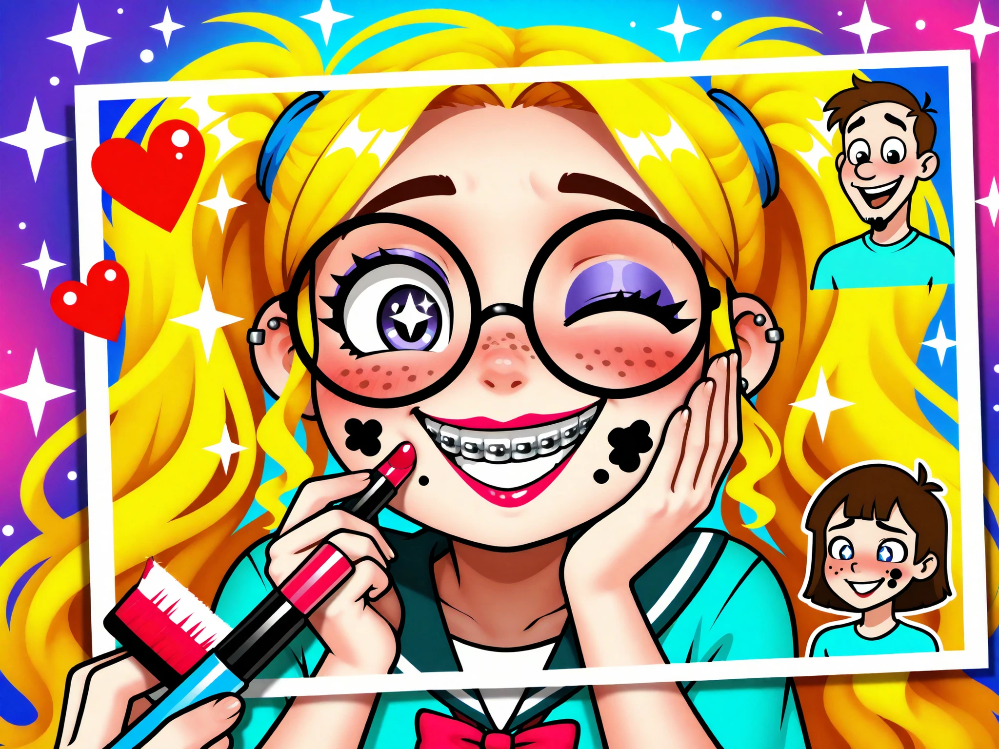 cartoon girl, braces, acne, pimples, freckles, large glasses, round glasses, shiny teeth, big smile, cartoon eyes, sparkling eyes, purple eyes, blue eyes, blonde hair, curly hair, wavy hair, long hair, yellow hair, blushing cheeks, happy expression, excited face, cartoon style, exaggerated features, holding photo, photo in hand, picture of boy, handsome boy, smiling boy, brown hair boy, short hair boy, cartoon boy, bright eyes, white teeth, teal shirt, male portrait, female character, teen girl, teenage girl, awkward smile, nerdy girl, geeky look, exaggerated proportions, big head, cartoonish style, oversized glasses, thick frames, braces smile, romantic theme, cartoon romance, love symbol, red heart, floating heart, admiration, crush, daydreaming, shy girl, hand on face, dreamy expression, sparkling background, colorful art, digital art, vector style, character design, mobile game art, app icon style, comic style, vibrant colors, high contrast, playful aesthetic, youth theme, teenage romance, girly theme, feminine character, goofy expression, self-conscious girl, nerd stereotype, romantic admiration, photo holding, character focus, cute cartoon, exaggerated smile, quirky style, blushing girl, cartoonish acne, acne detail, beauty braces, shiny braces, funny character, humor art, comical design, animated look, stylized character, romance cartoon, colorful hair, big round eyes, wide grin, school romance theme, shy teenager, hand on cheek, boy photo, cartoon crush, makeup brush, lipstick, cosmetic tools, beauty theme, dirty face, makeup smudge, pink glasses, one eye closed, winking expression, playful smile, cartoon makeup, applying lipstick, exaggerated lips, acne spot, cartoon makeover, girly makeup, playful character, messy makeup, beauty parody, stylized makeup, exaggerated cosmetics, cosmetic brush, cartoon lipstick, glowing braces, silly face, humorous art, funny makeover, shaving razor, facial hair removal, pigtails, blonde pigtails, green hair ties, piercings, pink earrings, big earrings, black glasses, oversized mouth, red lipstick, beauty tools, cartoon razor, shaving tool, humorous design, playful makeover,darken-brown-blonde hair, (bowl cut headed hair), (wavy) hair, 1boy(unibrow, monobrow), small malebody, random face, cute underwear, his hairy huge balls sticking out, chibi, weird-art