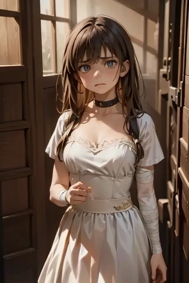 bandaged girl, detailed facial features, pained expression, layers of bandages, power ready to erupt, cinematic lighting, dramatic shadows, atmospheric fog, moody color palette, dark fantasy,digital painting,photorealistic,8K,HDR,physically-based rendering,sharp focus,vivid colors