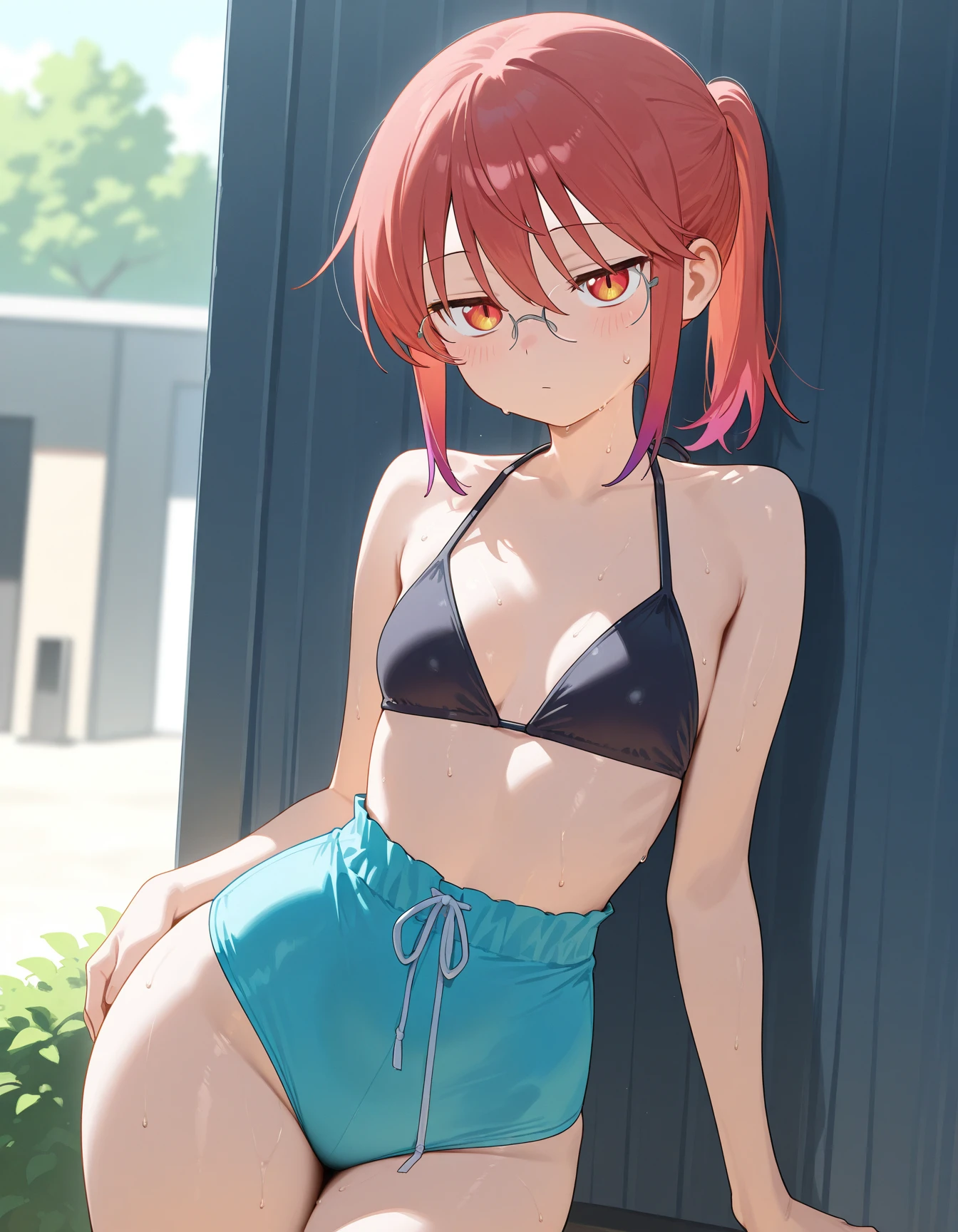 sassy, ​​childish, nerdy, red-haired girl, skinny, tanned, straight loose hairstyle, half-closed eyes, flat, small ???, small glasses, ???????, ????? ???????, puffy ???????, navel, denim shorts, black flip-flops, smiling excitedly, in front of a beach house facing the sea, comedy manga, Shimada Funikane style, cinematic, dramatic, dynamic view, full body, CG masterpiece, ?????,