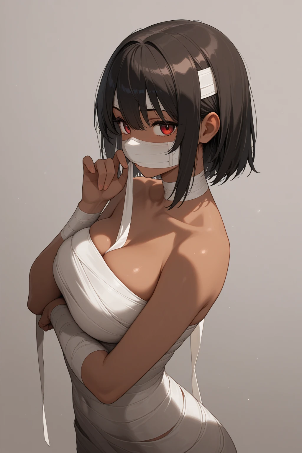 score_9, score_8_up, score_7_up, score_6_up, 1girl, black hair,  costume, dark-skinned female, 
upper body, bursting , , 
<lora:mummy_costume_v0.2-pony:1>