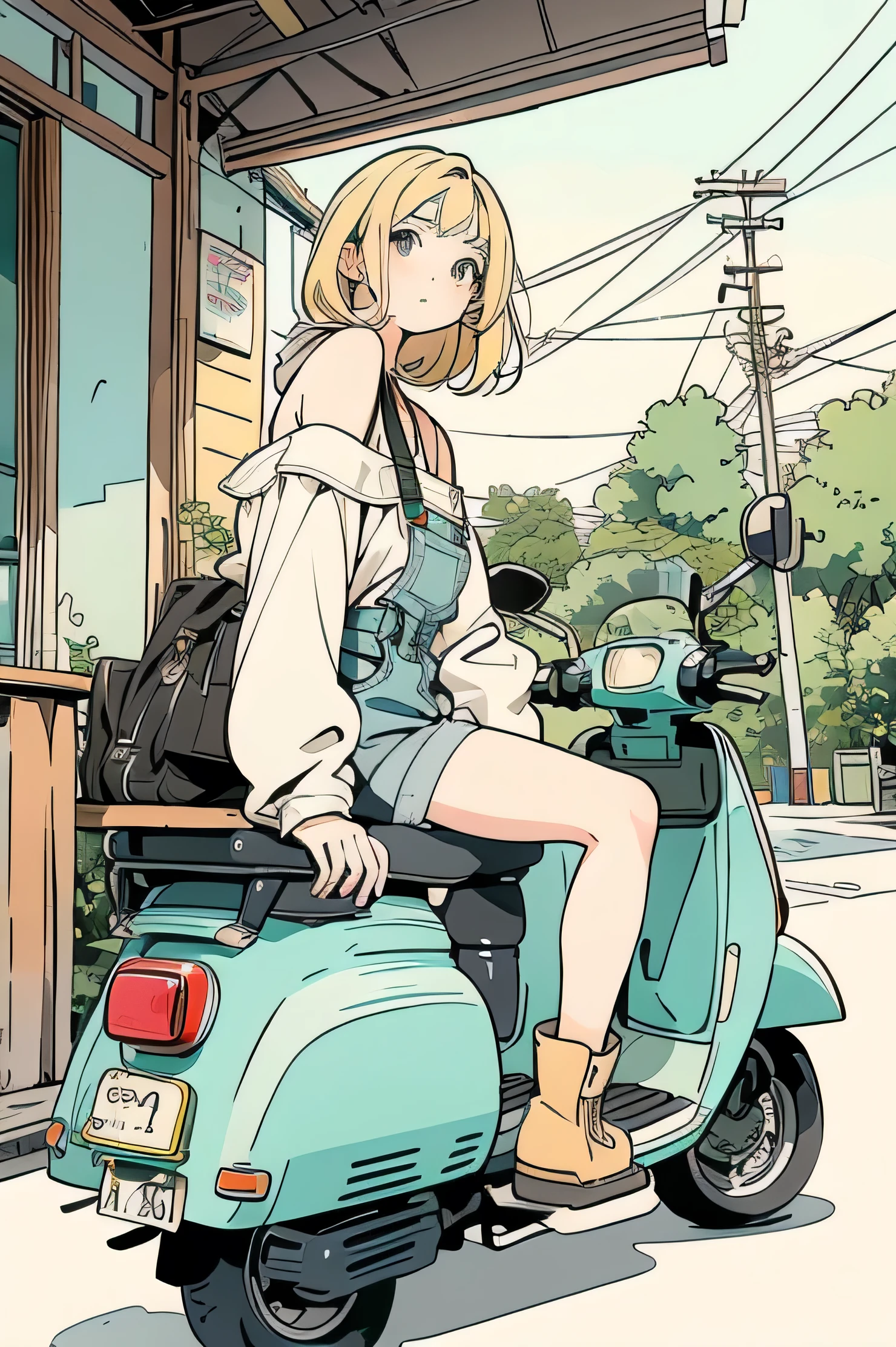 Beautiful Anime Style Illustrations 、A blonde woman is sitting next to a scooter , The woman is wearing a green off-shoulder top , denim shorts and brown boots. The illustration is simple and clean  . The overall color scheme is soft , creates a warm atmosphere .